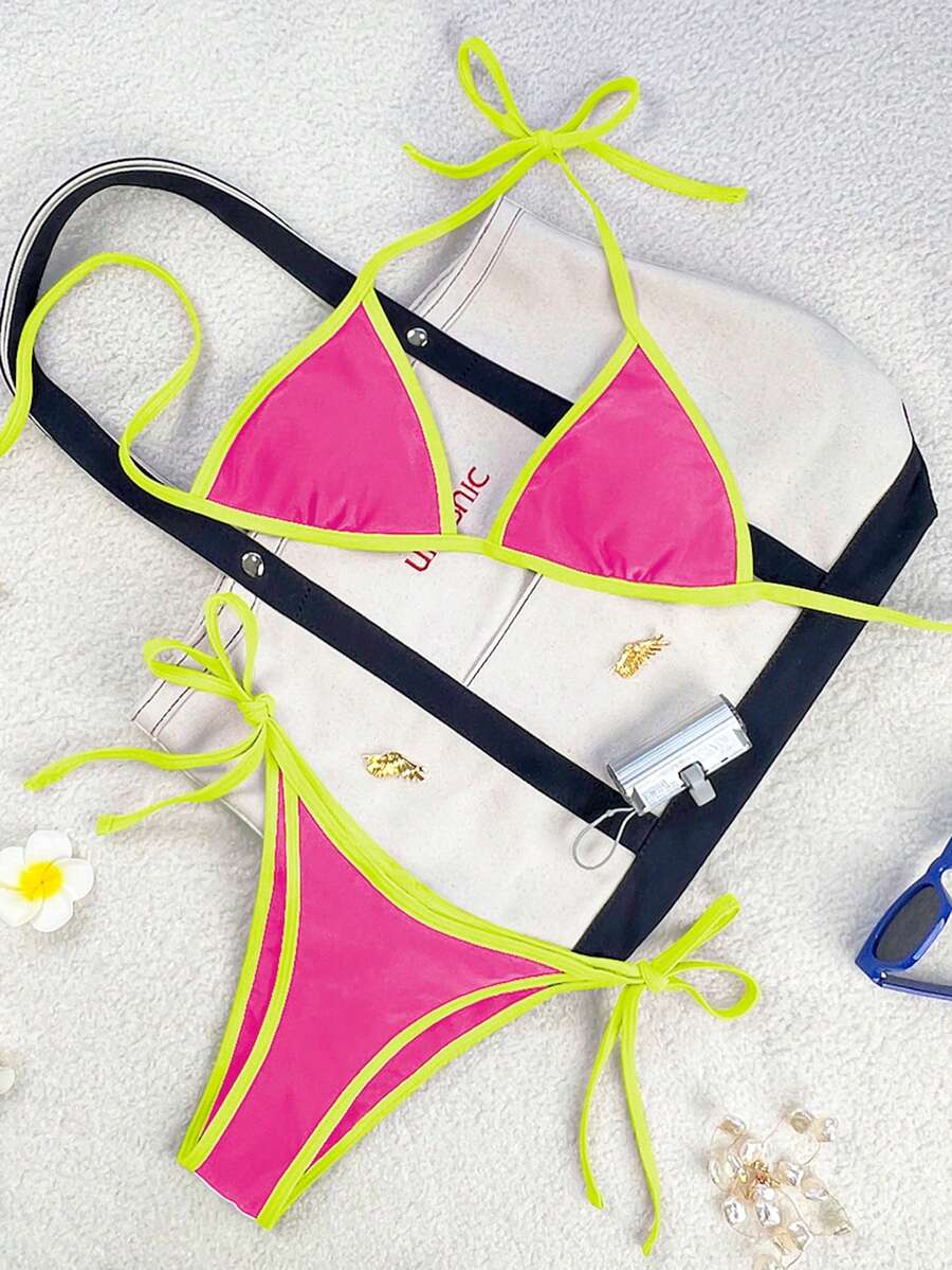 Women's apricot solid halter tie bikini top with triangle cups and matching tie-side swimsuit bottoms.