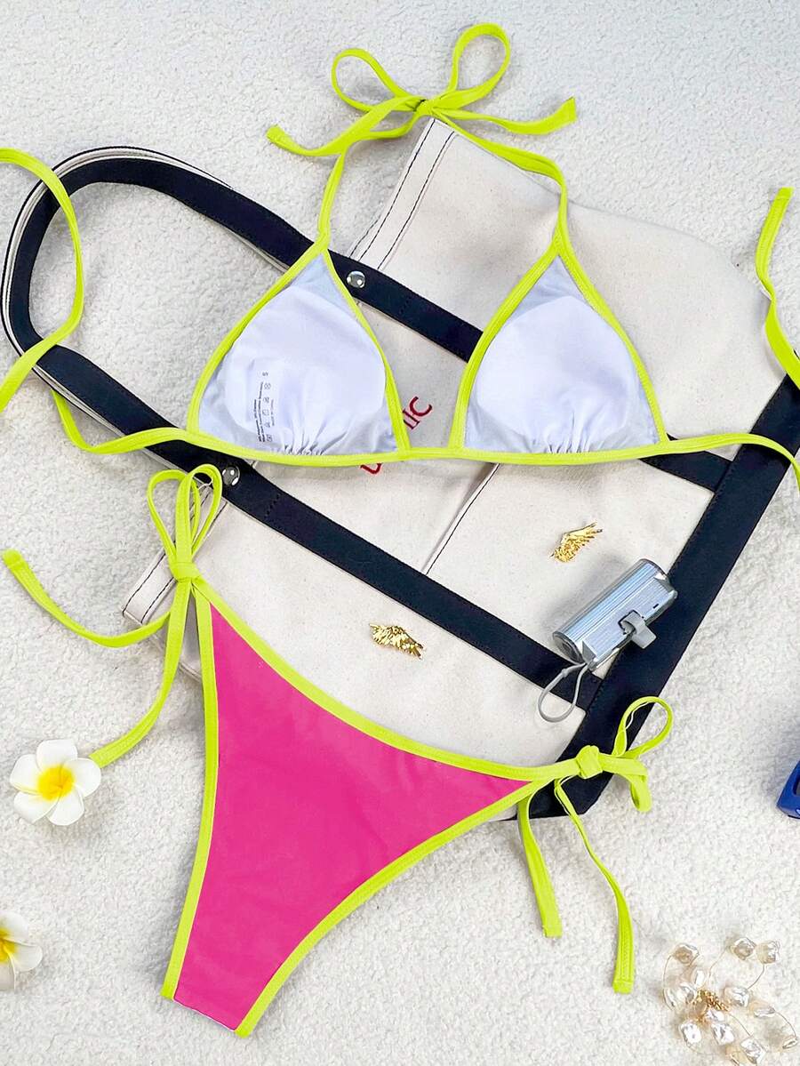 Women's apricot solid halter tie bikini top with triangle cups and matching tie-side swimsuit bottoms.