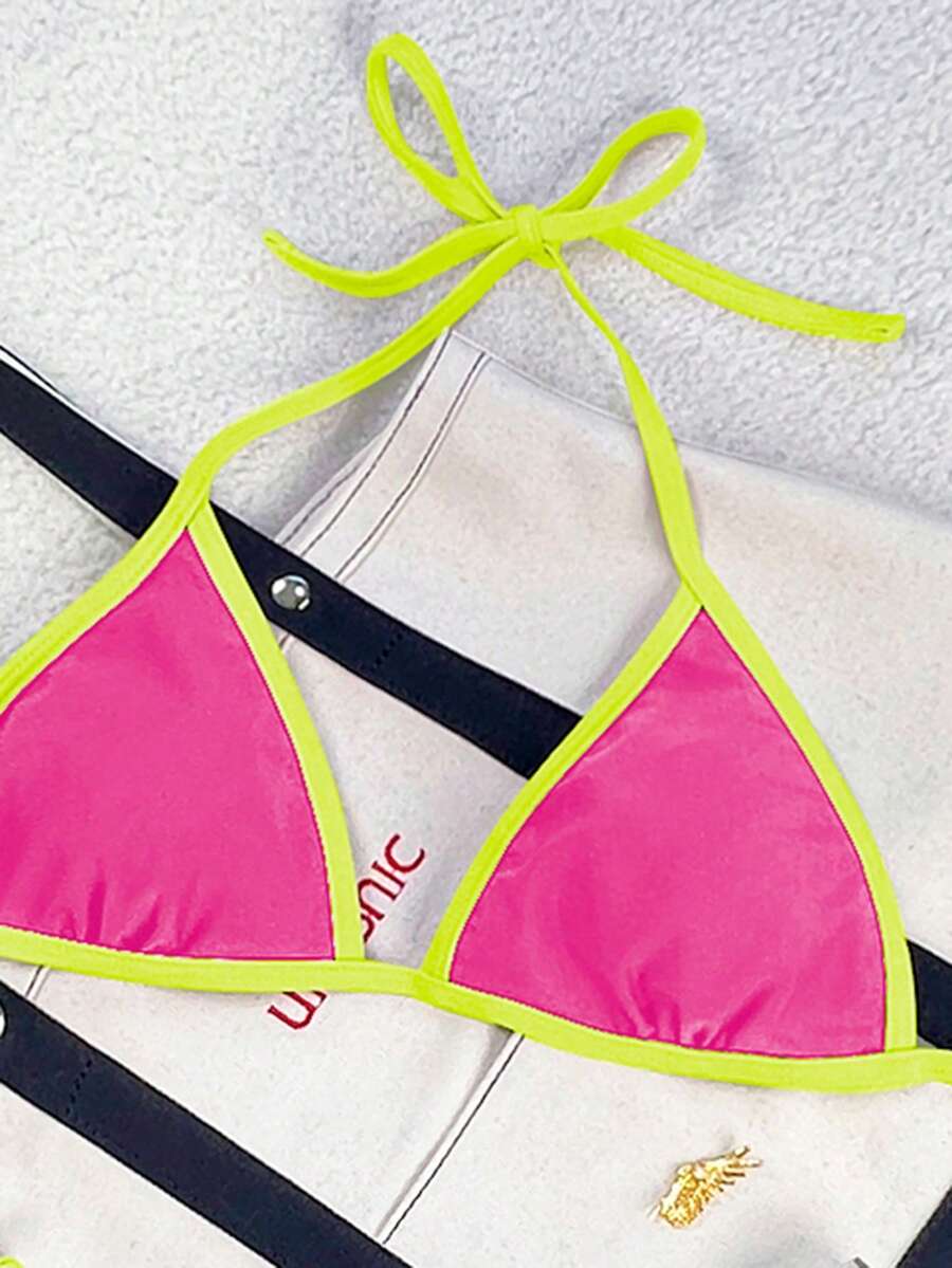 Women's apricot solid halter tie bikini top with triangle cups and matching tie-side swimsuit bottoms.