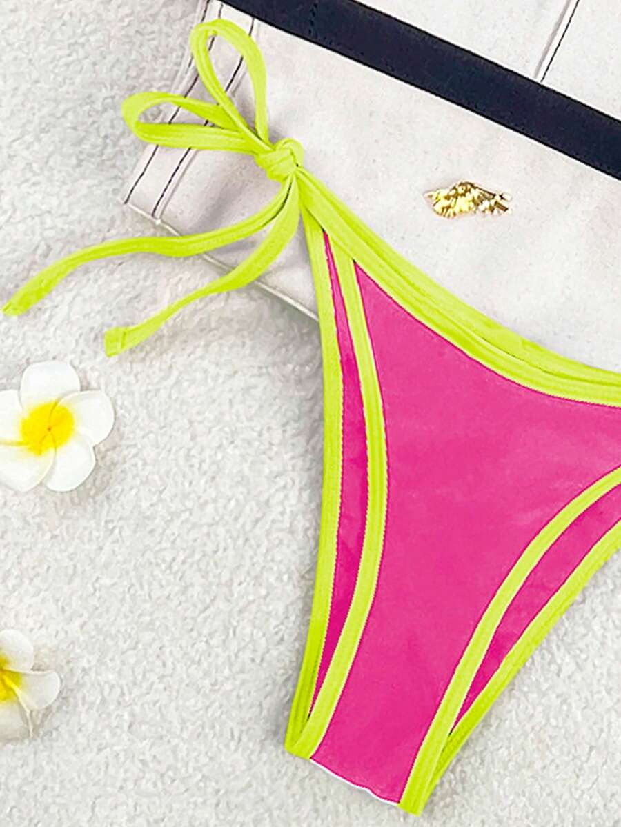 Women's apricot solid halter tie bikini top with triangle cups and matching tie-side swimsuit bottoms.