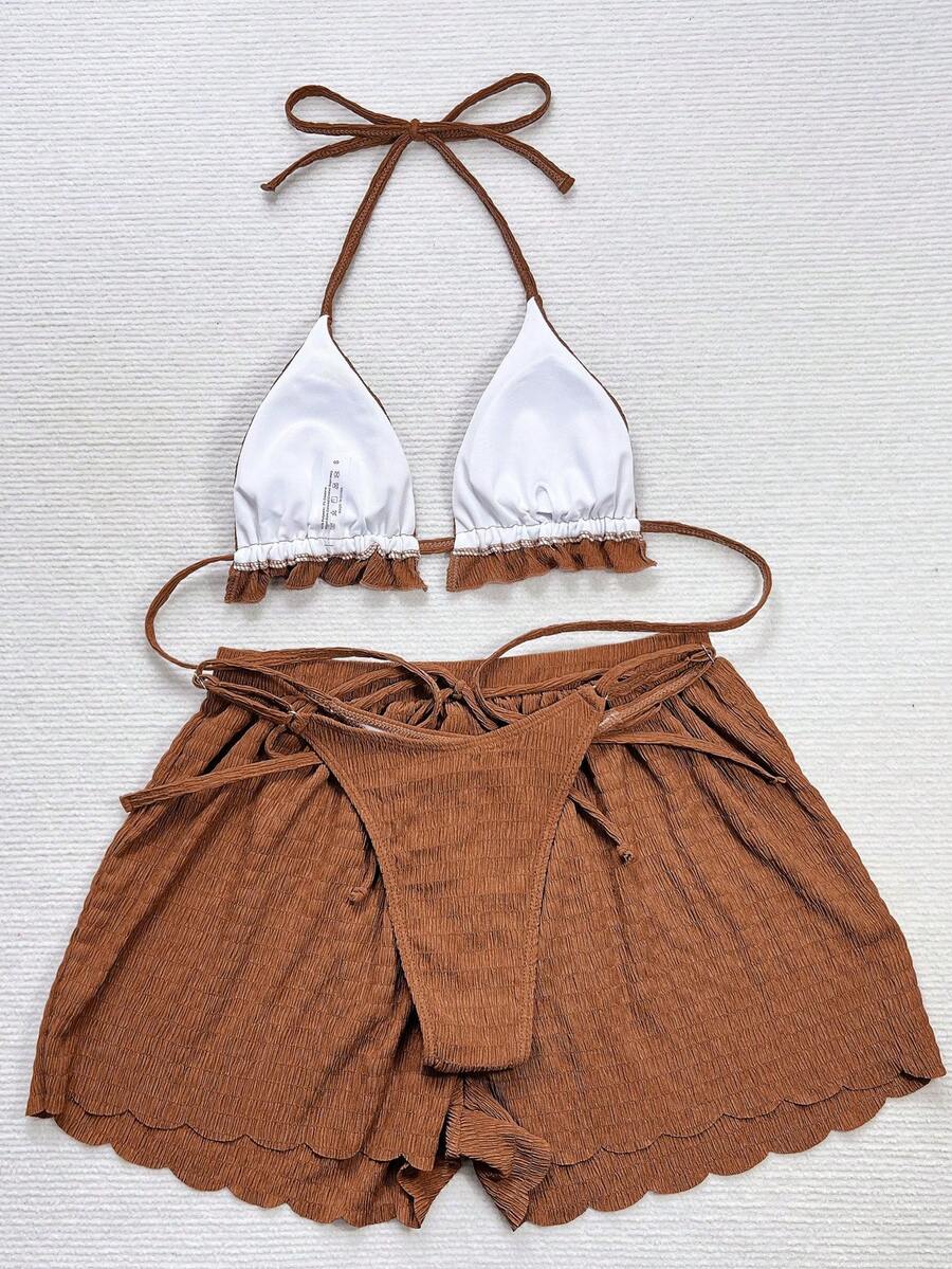 Women's 3-piece frill trim bikini set with halter tie-back top and high waist bottoms.