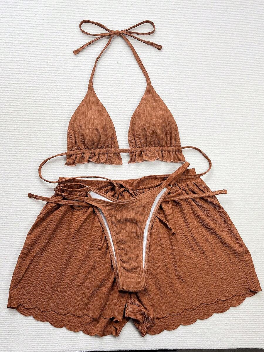 Women's 3-piece frill trim bikini set with halter tie-back top and high waist bottoms.