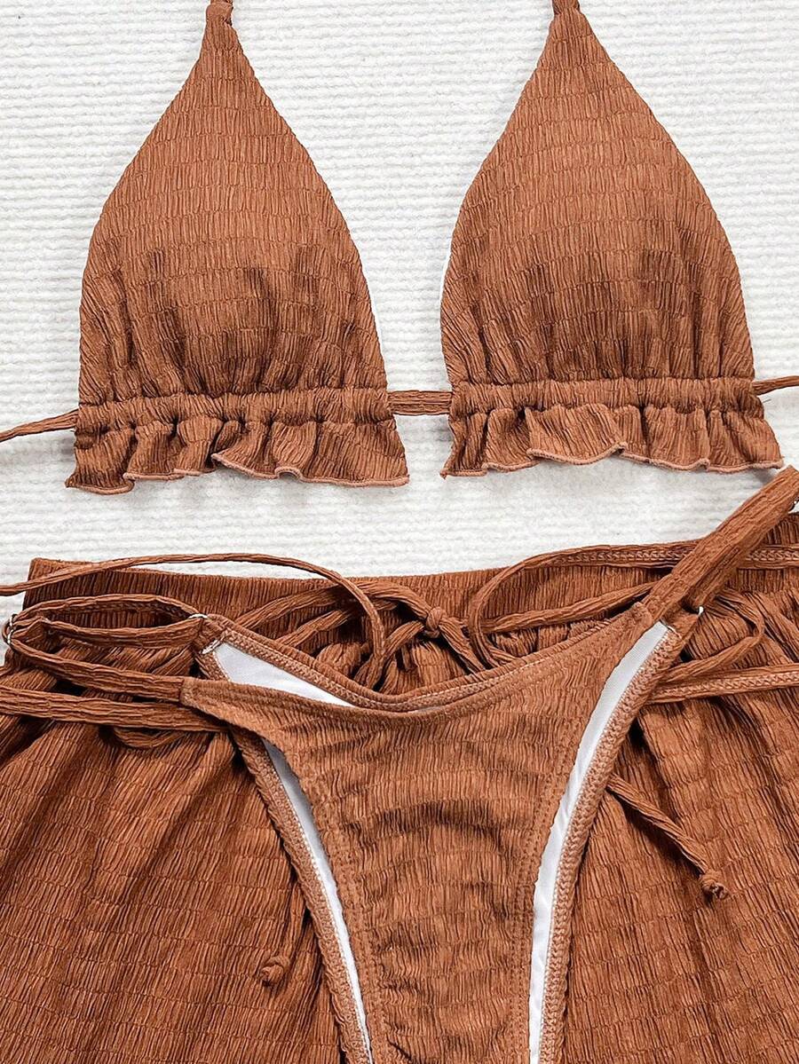 Women's 3-piece frill trim bikini set with halter tie-back top and high waist bottoms.