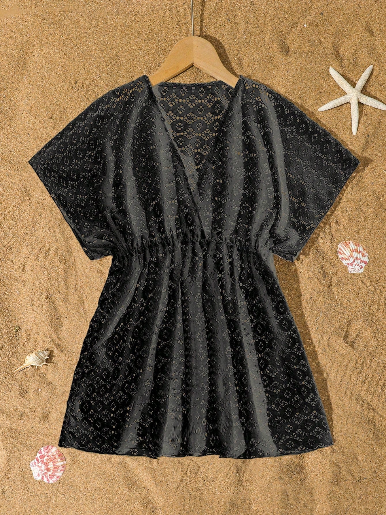 Tween girls apricot sleeveless knit mesh swimwear cover up with V-neck and hollow-out pattern
