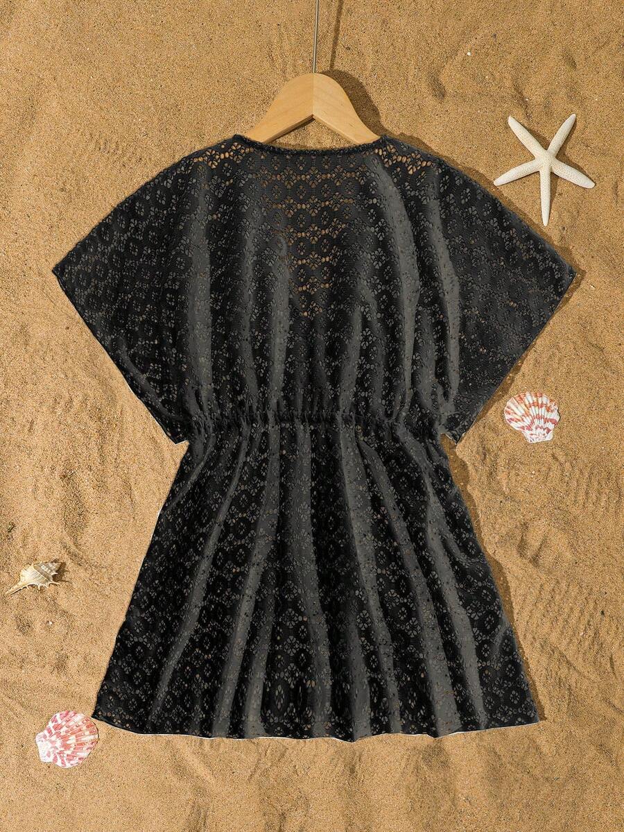 Tween girls apricot sleeveless knit mesh swimwear cover up with V-neck and hollow-out pattern