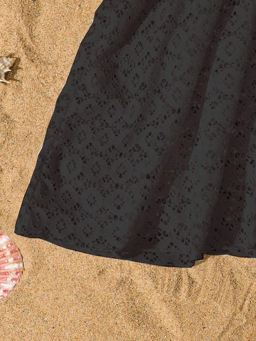Tween girls apricot sleeveless knit mesh swimwear cover up with V-neck and hollow-out pattern