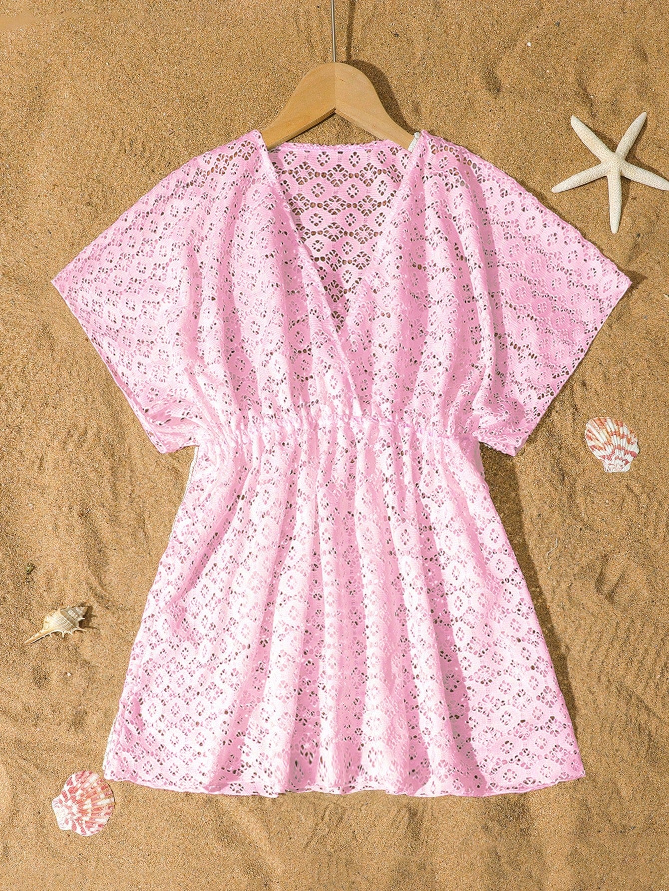 Tween girls apricot sleeveless knit mesh swimwear cover up with V-neck and hollow-out pattern