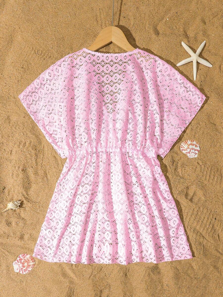 Tween girls apricot sleeveless knit mesh swimwear cover up with V-neck and hollow-out pattern