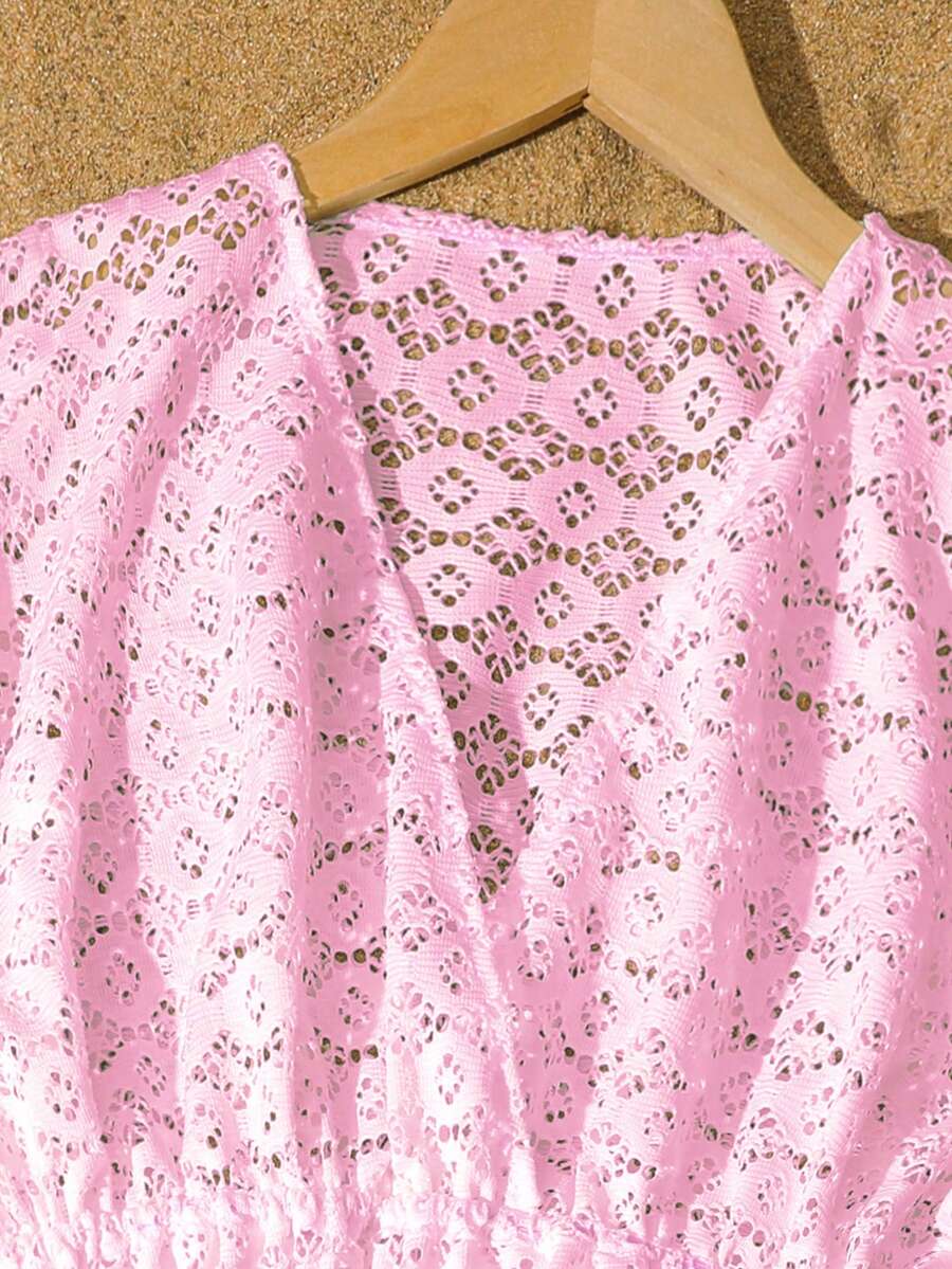 Tween girls apricot sleeveless knit mesh swimwear cover up with V-neck and hollow-out pattern