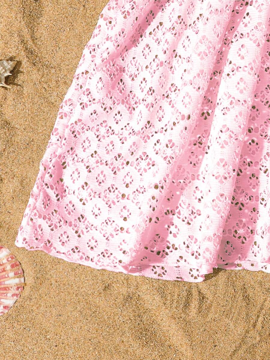 Tween girls apricot sleeveless knit mesh swimwear cover up with V-neck and hollow-out pattern