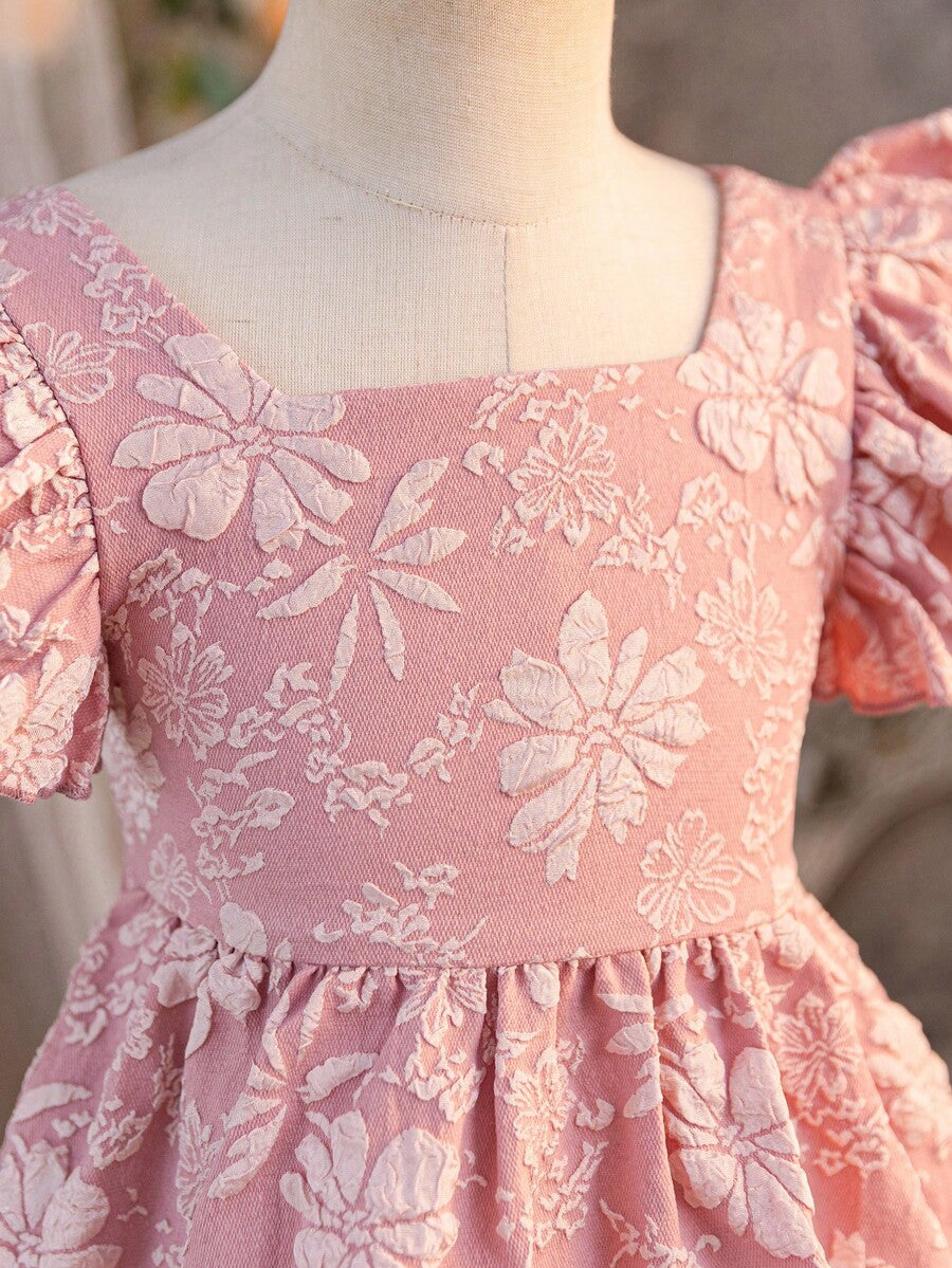 Tween girl pink floral A-line dress featuring square neck, flounce short sleeves, high waist, and flared ruffle hem.