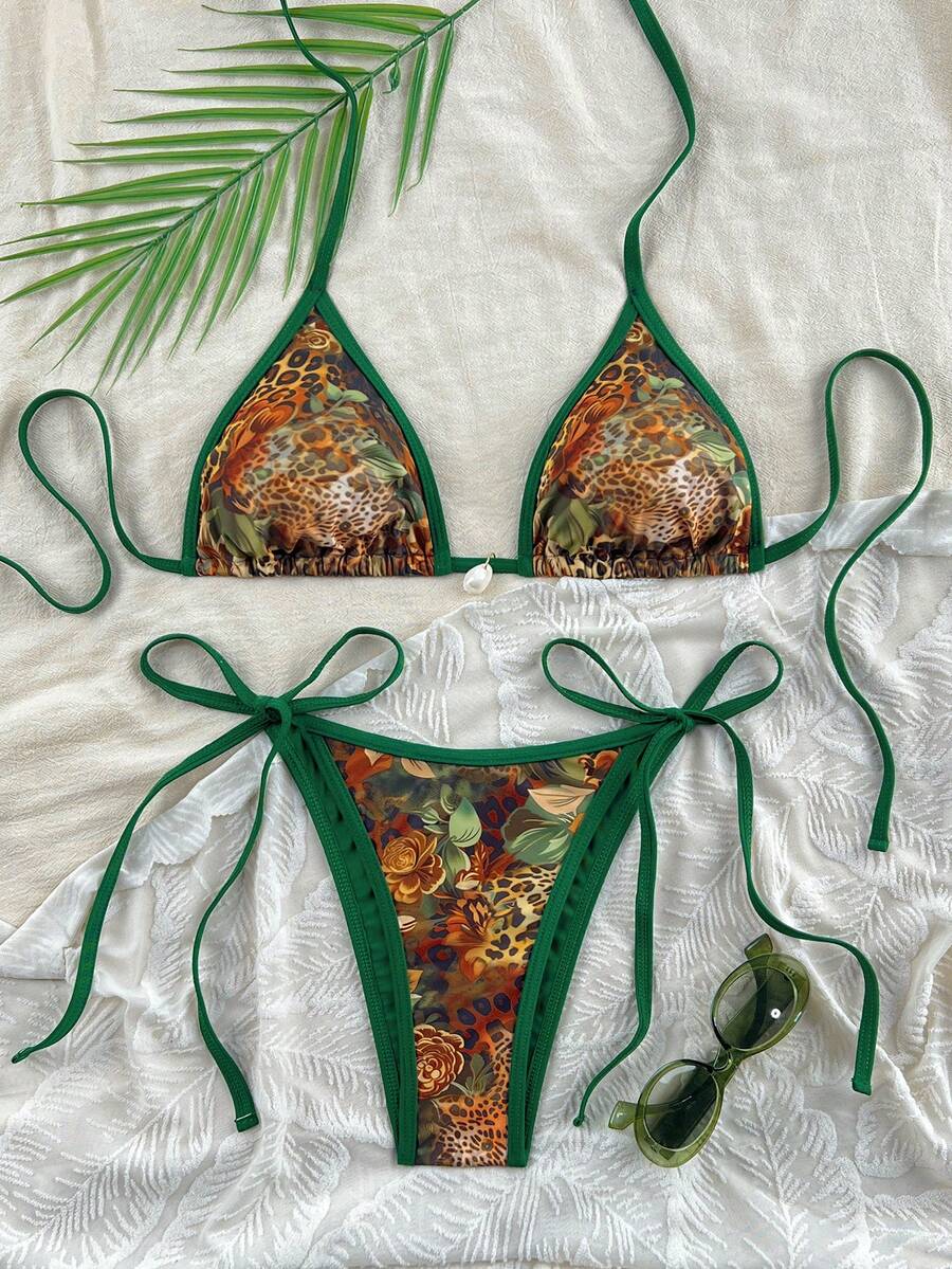 Apricot 2-piece bikini swimwear set featuring a textured halter triangle cup top with knot details and matching tie-side bottoms for women.