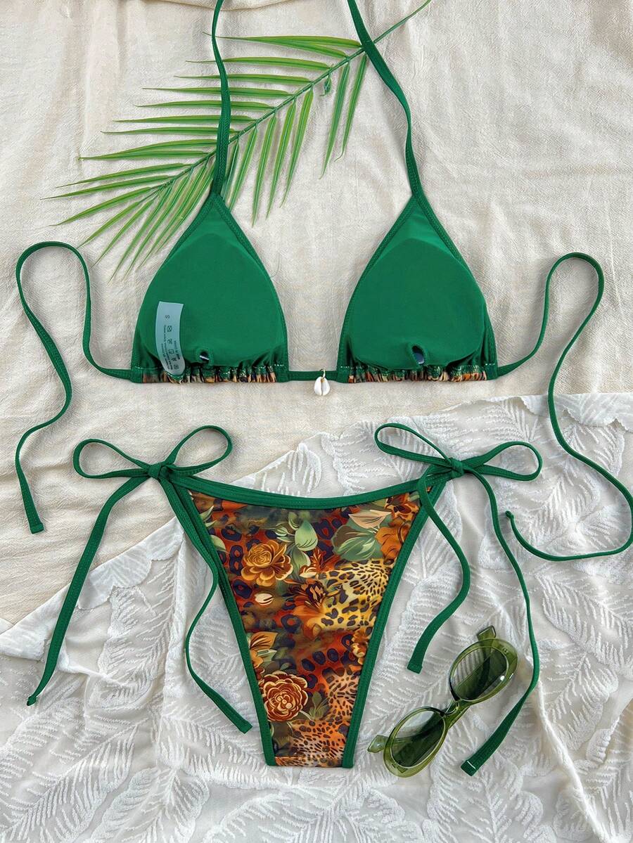 Apricot 2-piece bikini swimwear set featuring a textured halter triangle cup top with knot details and matching tie-side bottoms for women.