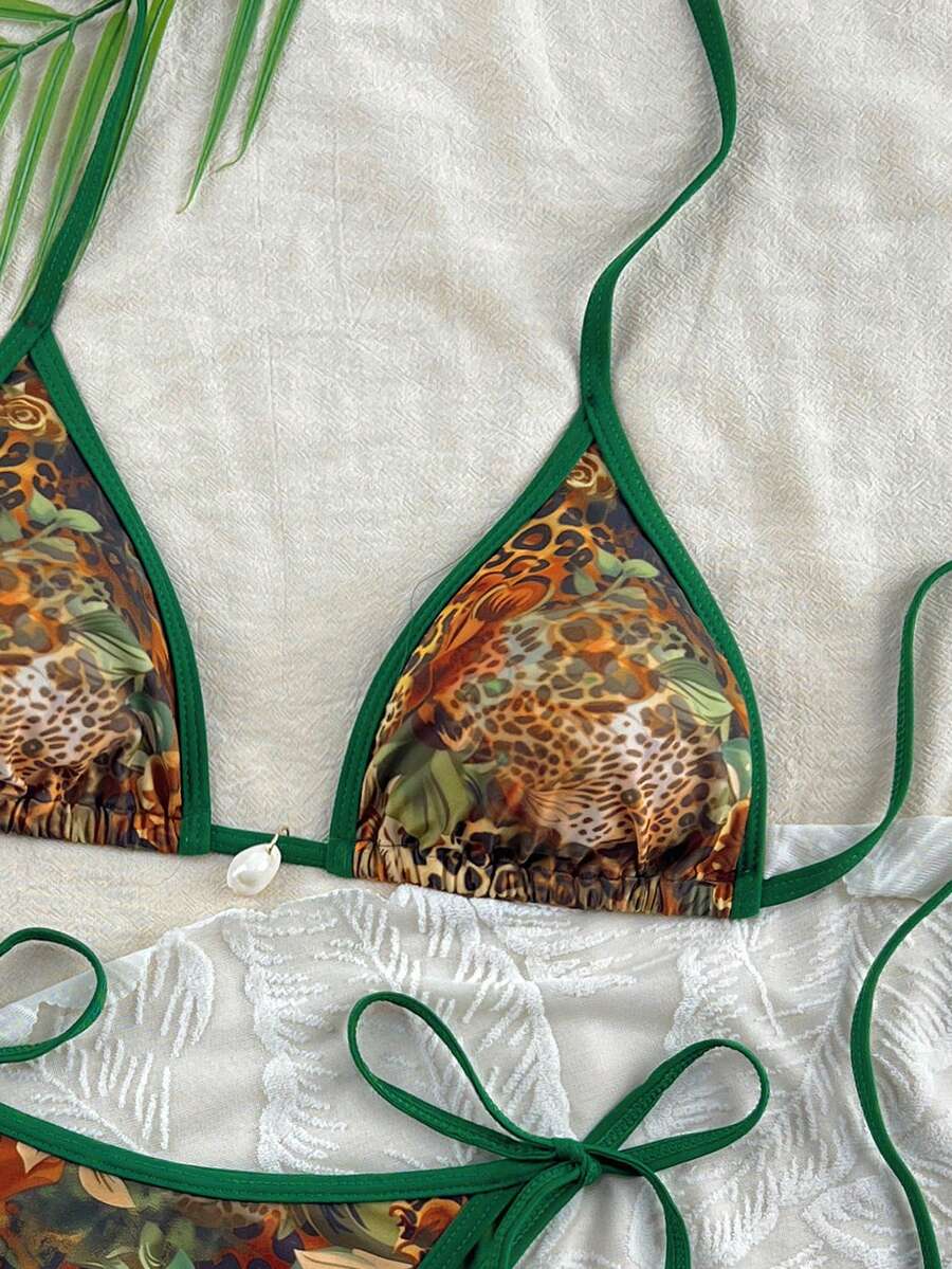 Apricot 2-piece bikini swimwear set featuring a textured halter triangle cup top with knot details and matching tie-side bottoms for women.