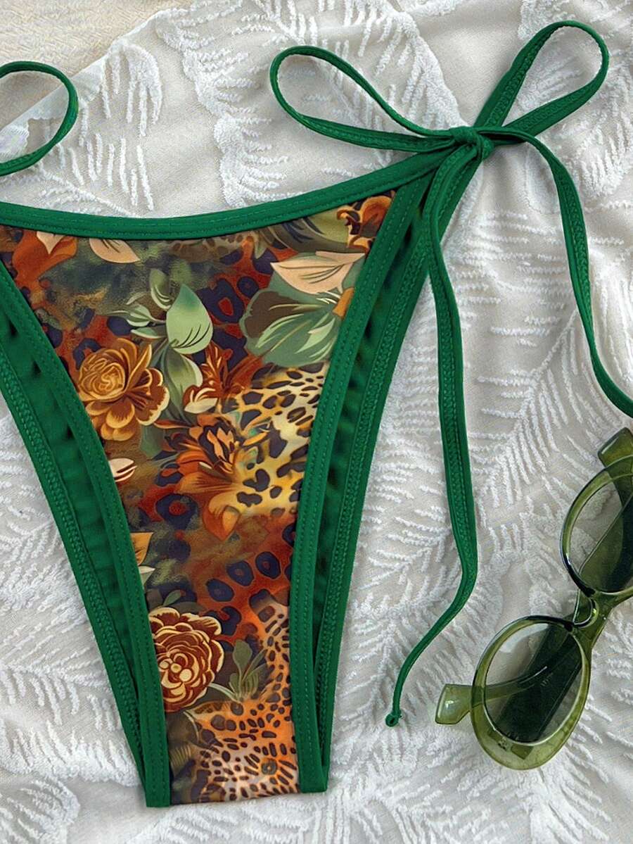 Apricot 2-piece bikini swimwear set featuring a textured halter triangle cup top with knot details and matching tie-side bottoms for women.