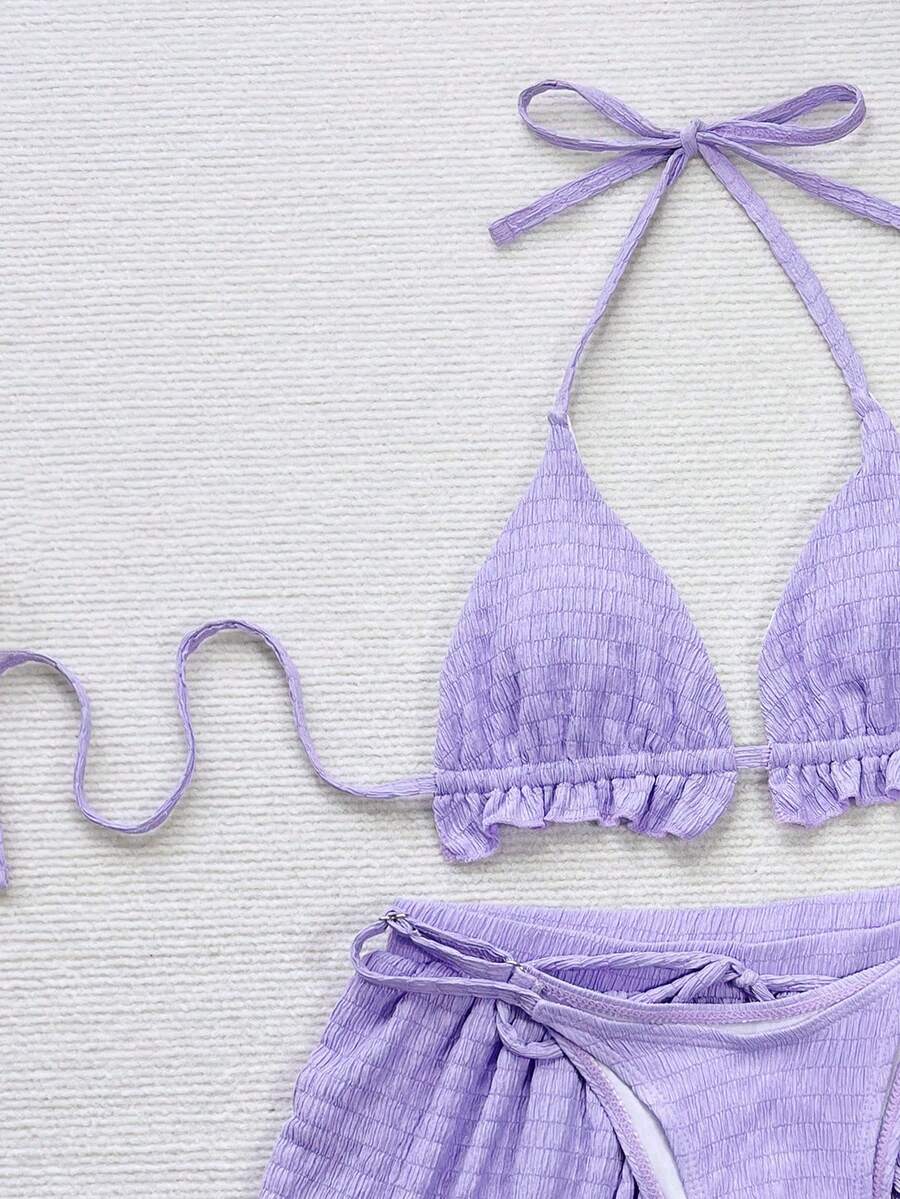 Women's 3-piece frill trim bikini set with halter tie-back top and high waist bottoms.