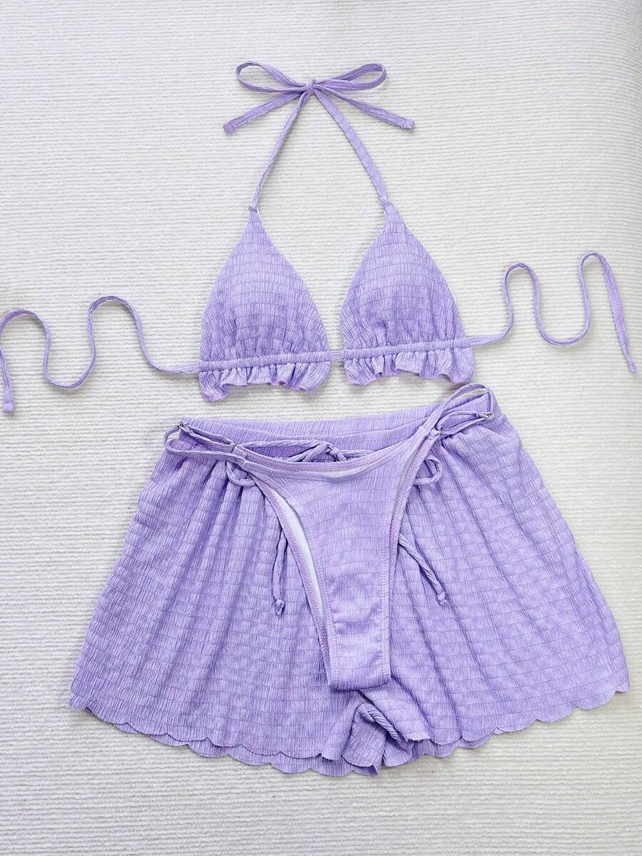 Women's 3-piece frill trim bikini set with halter tie-back top and high waist bottoms.