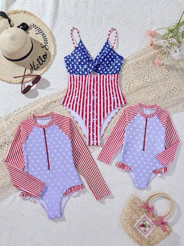 Multicolor tween girls one-piece swimsuit with striped and star patchwork design, high neck, ruffle details, zipper and button accents.