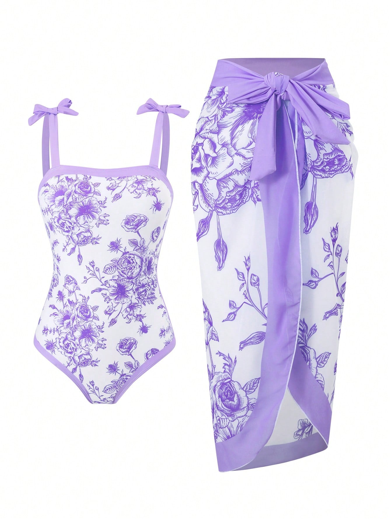 Tween girl black floral one-piece swimsuit set with spaghetti straps, asymmetrical detail, bow decor, and mid-waist bottom for beach, pool, and summer vacation wear.