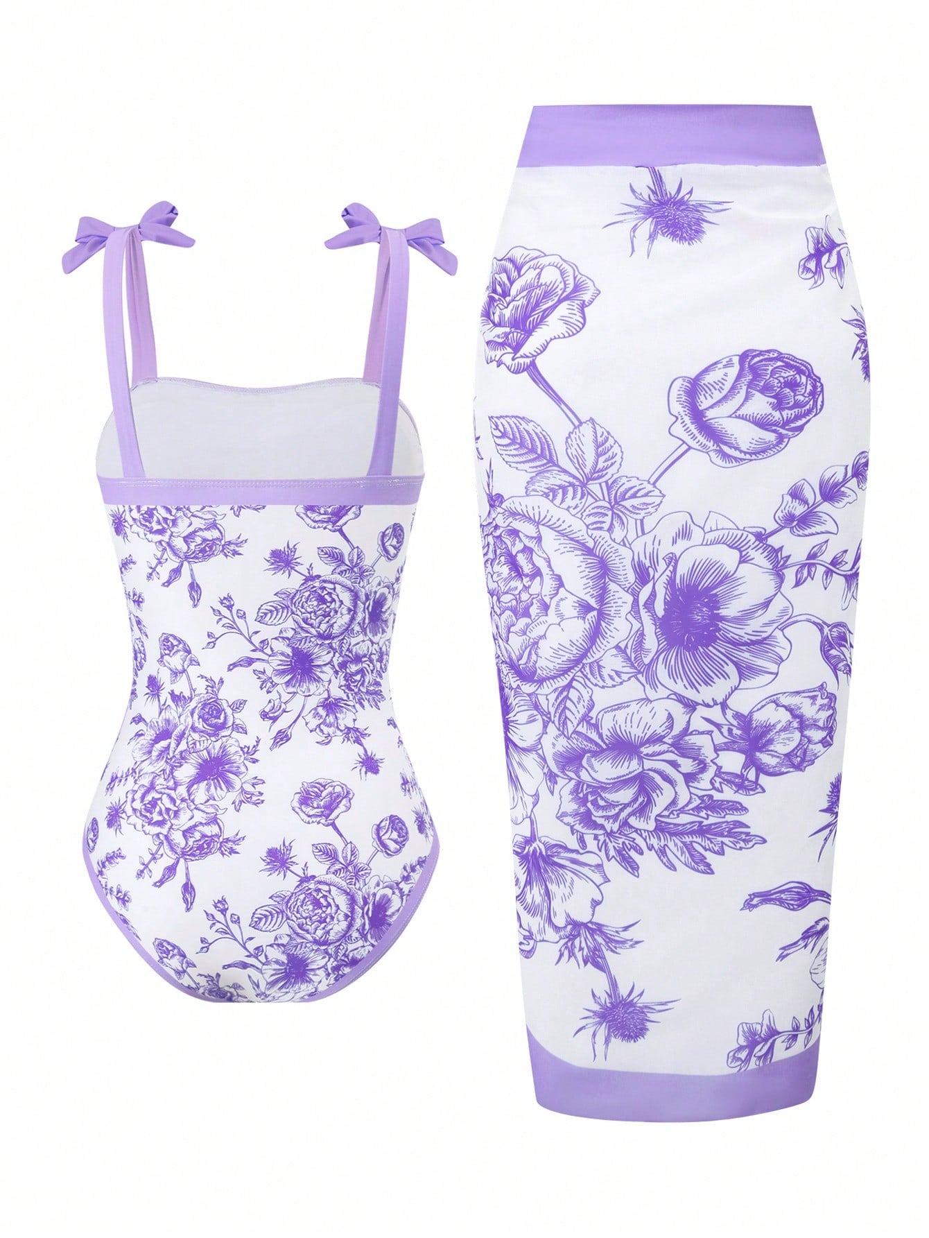 Tween girl black floral one-piece swimsuit set with spaghetti straps, asymmetrical detail, bow decor, and mid-waist bottom for beach, pool, and summer vacation wear.
