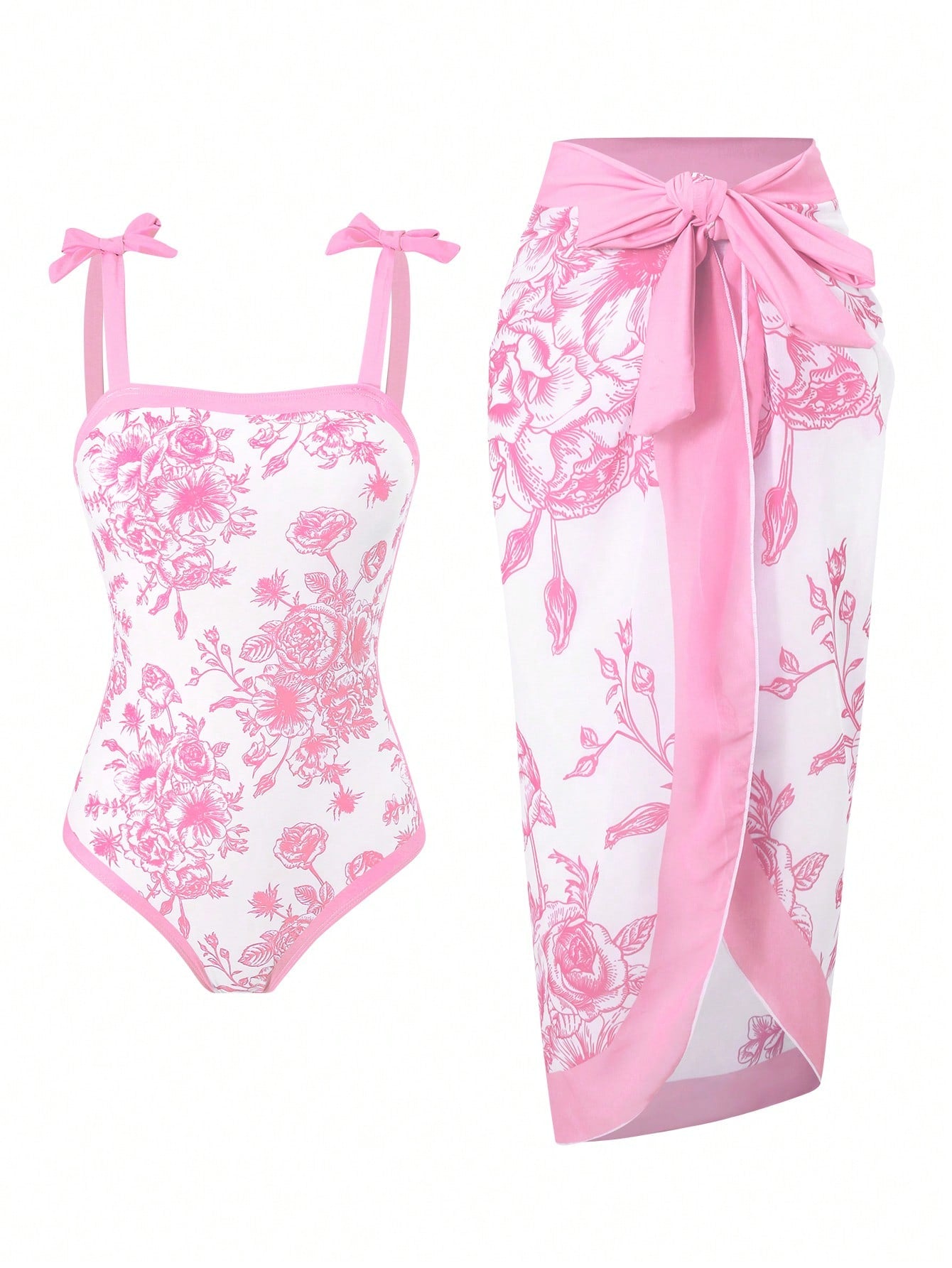 Tween girl black floral one-piece swimsuit set with spaghetti straps, asymmetrical detail, bow decor, and mid-waist bottom for beach, pool, and summer vacation wear.