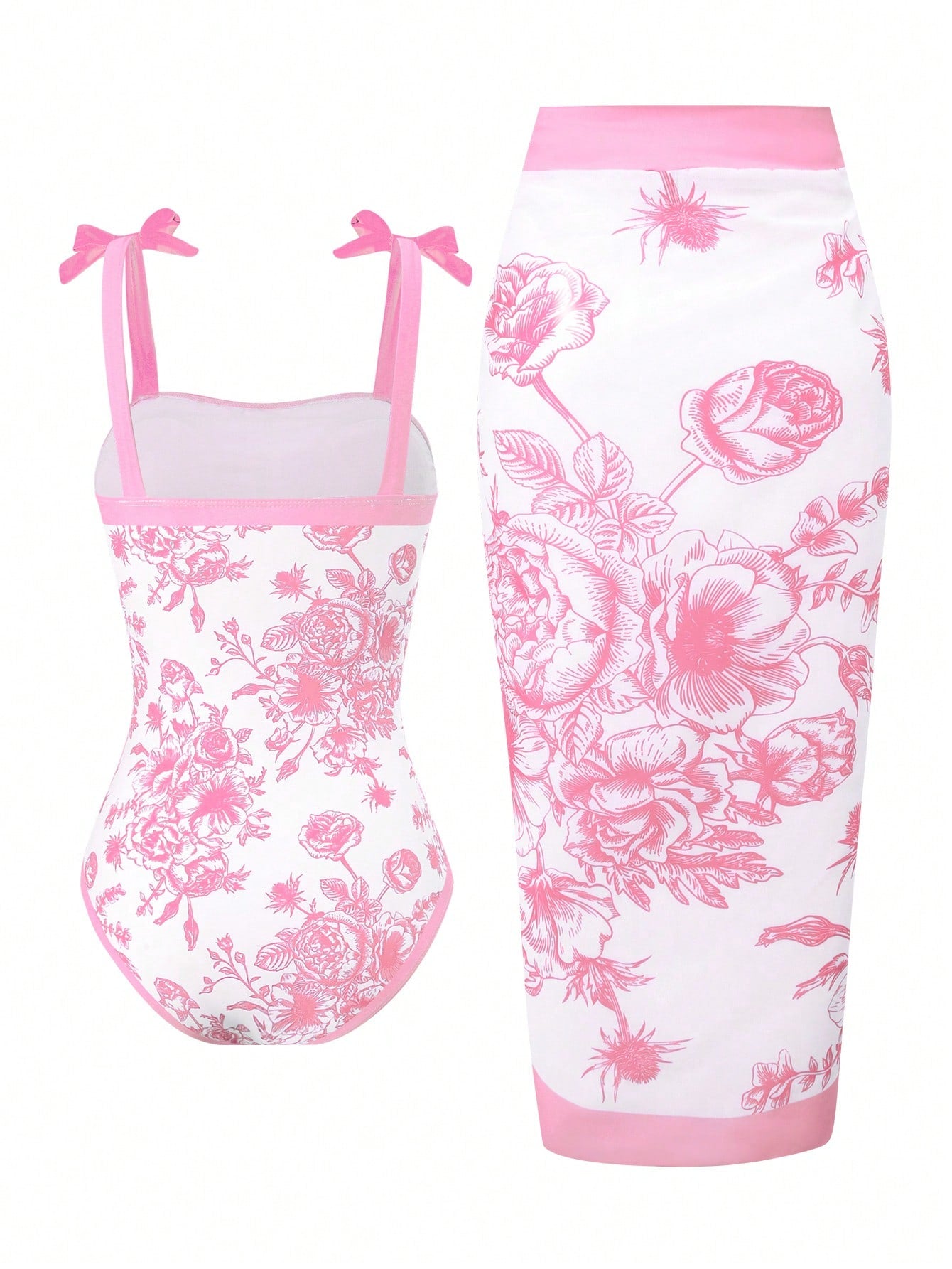 Tween girl black floral one-piece swimsuit set with spaghetti straps, asymmetrical detail, bow decor, and mid-waist bottom for beach, pool, and summer vacation wear.