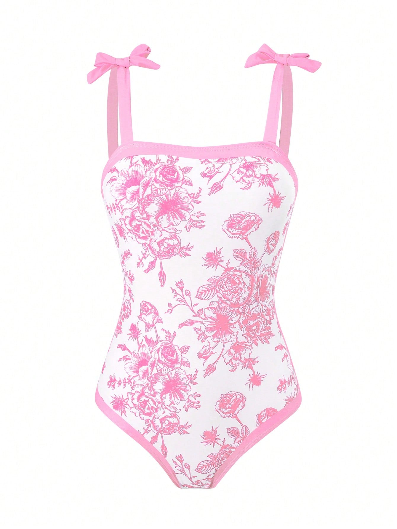 Tween girl black floral one-piece swimsuit set with spaghetti straps, asymmetrical detail, bow decor, and mid-waist bottom for beach, pool, and summer vacation wear.