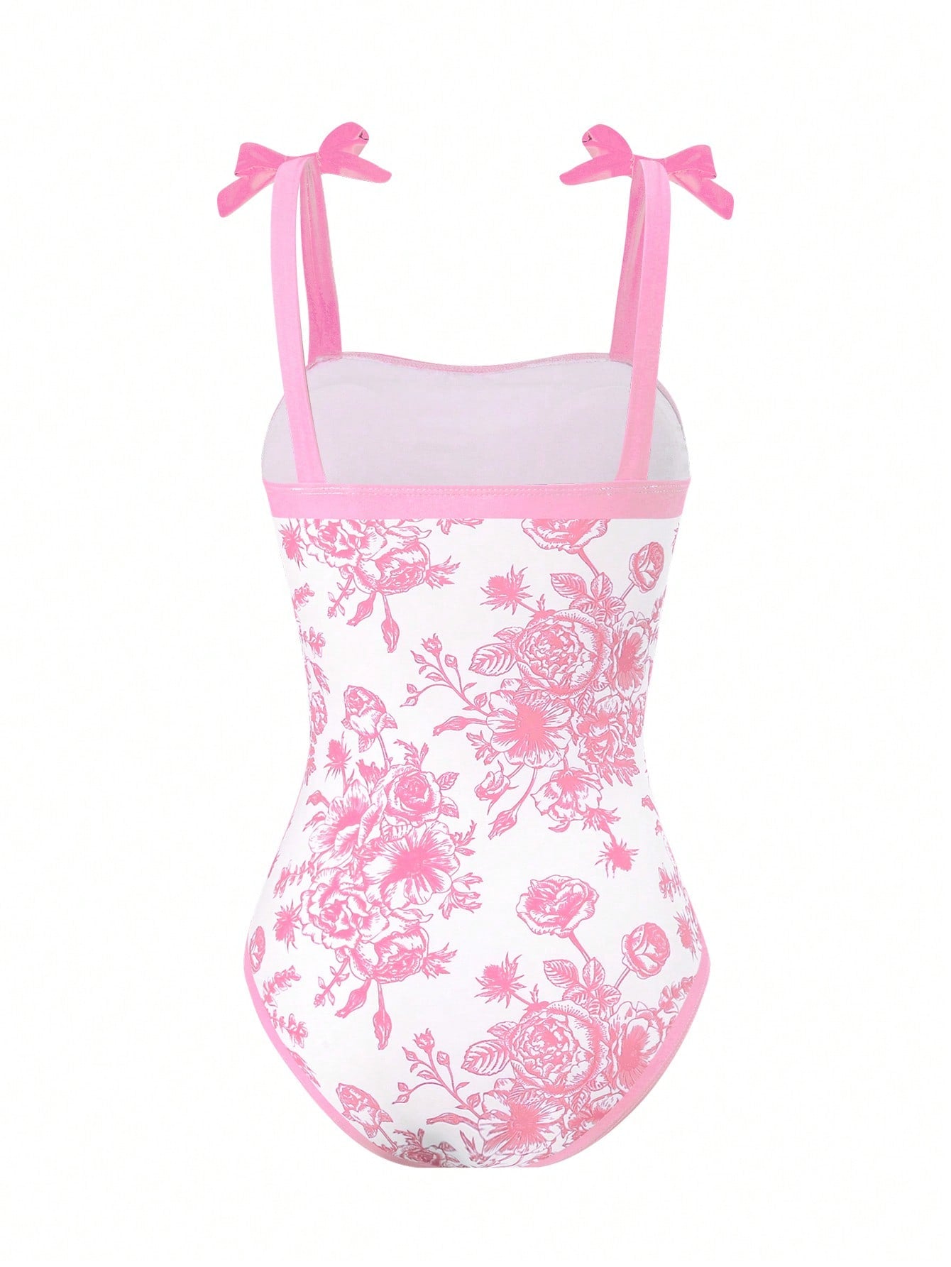 Tween girl black floral one-piece swimsuit set with spaghetti straps, asymmetrical detail, bow decor, and mid-waist bottom for beach, pool, and summer vacation wear.