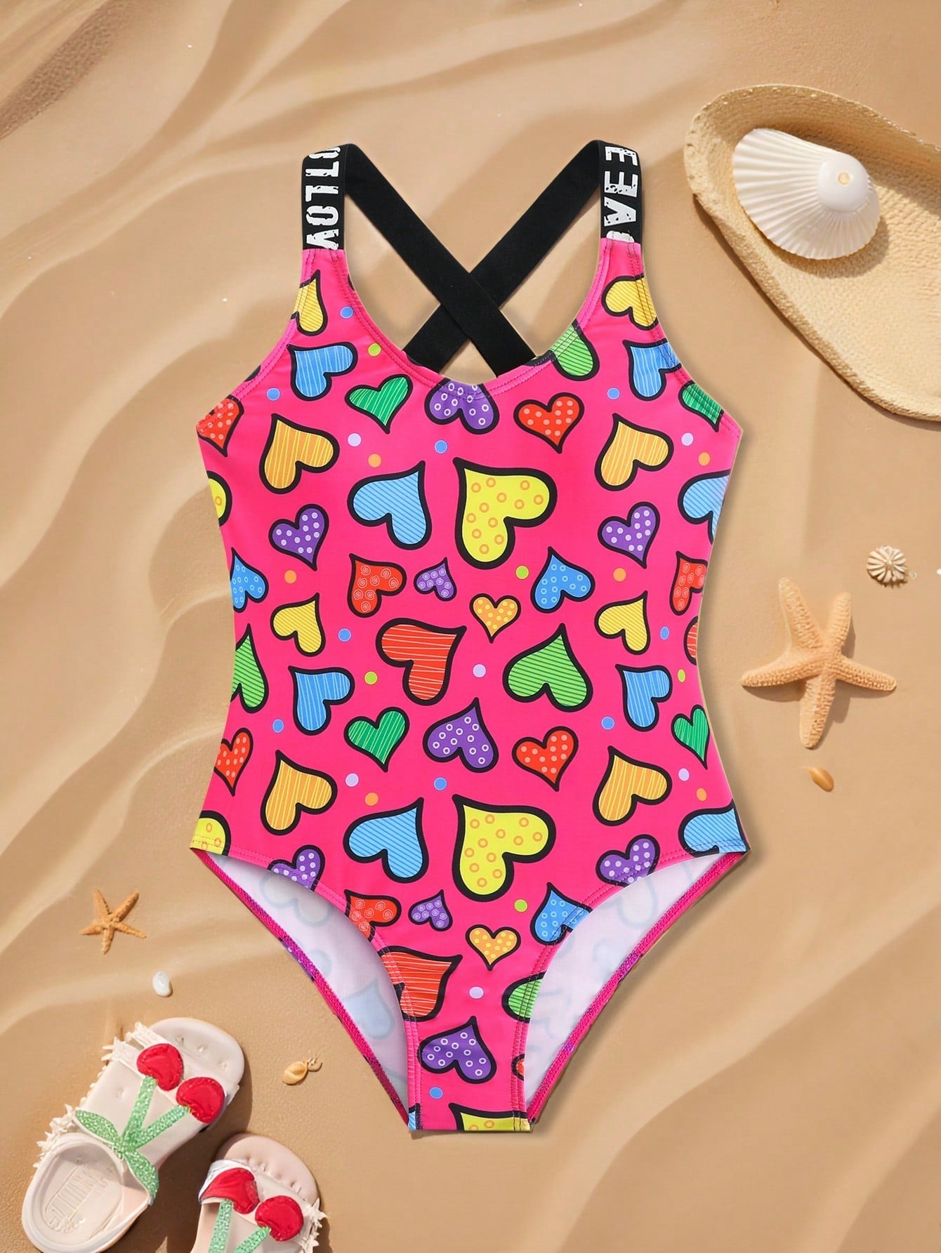 Baby pink girls one-piece swimsuit with ruffle detail, scoop neck, all-over print, and medium-stretch fabric for kids' beach and pool wear.
