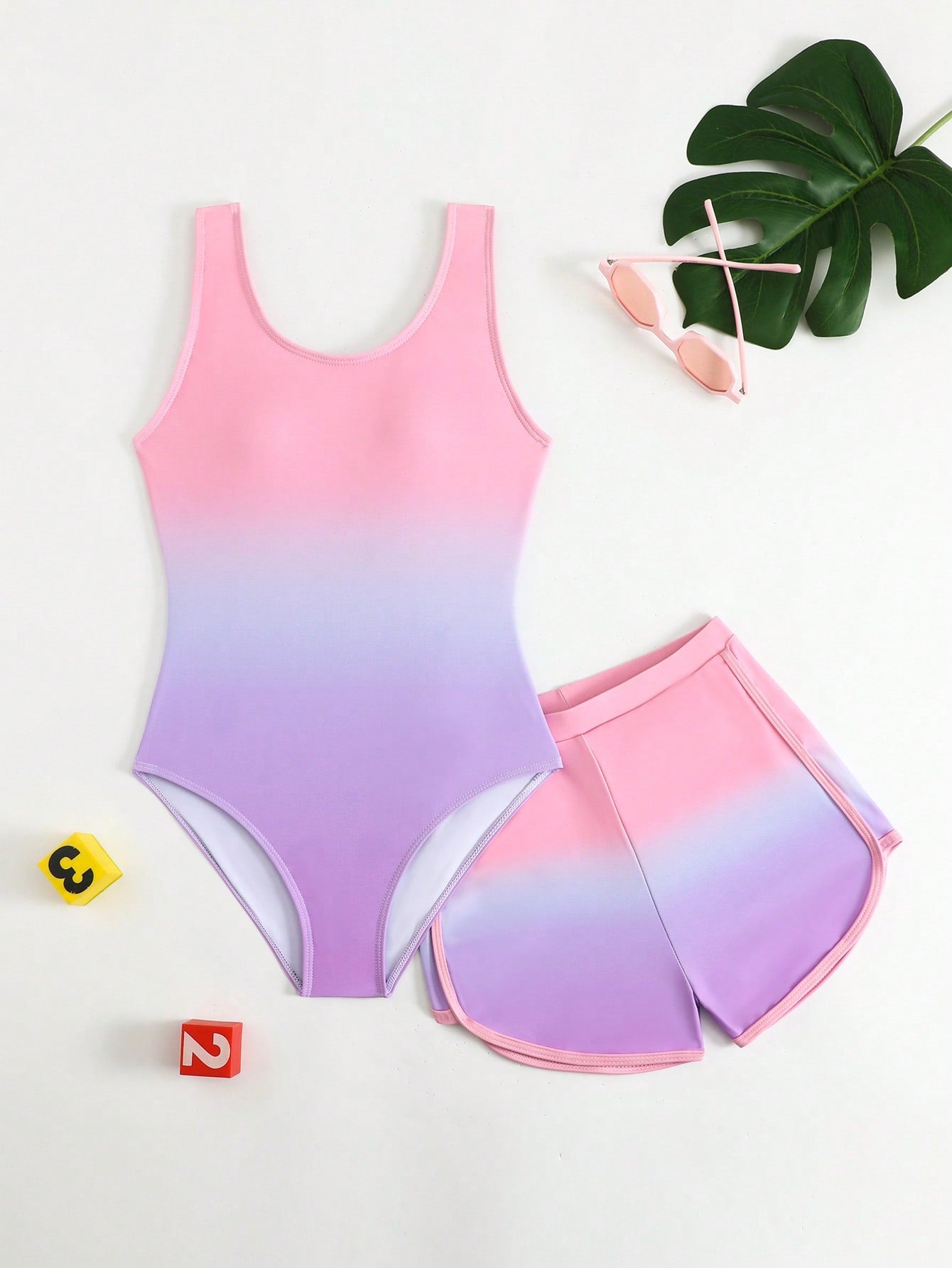 Cute Gradient Girls' One-Piece Swimsuit And Boy Shorts Two Pieces Set (Custom Print)