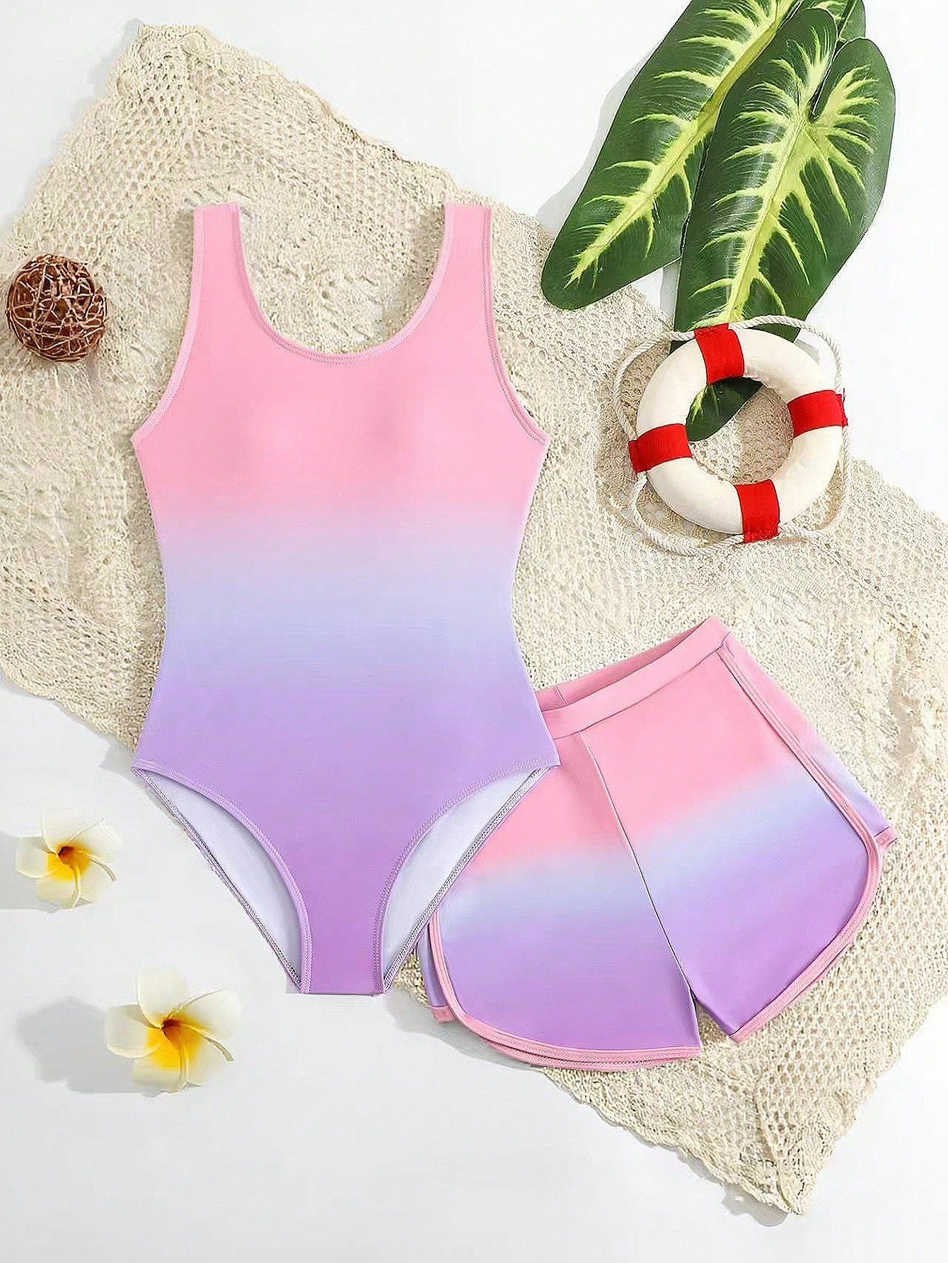 Cute Gradient Girls' One-Piece Swimsuit And Boy Shorts Two Pieces Set (Custom Print)