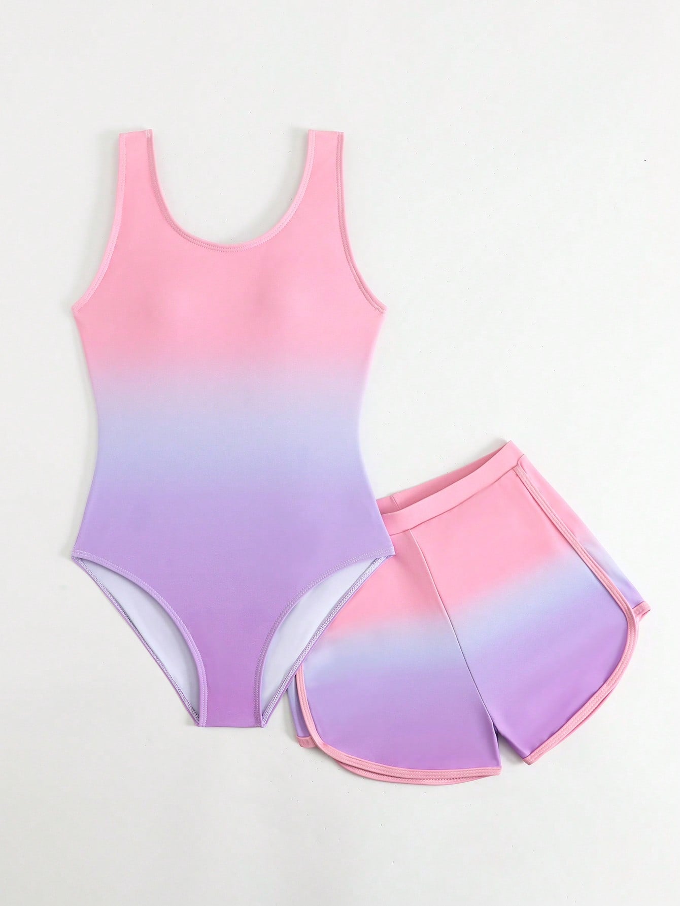 Cute Gradient Girls' One-Piece Swimsuit And Boy Shorts Two Pieces Set (Custom Print)