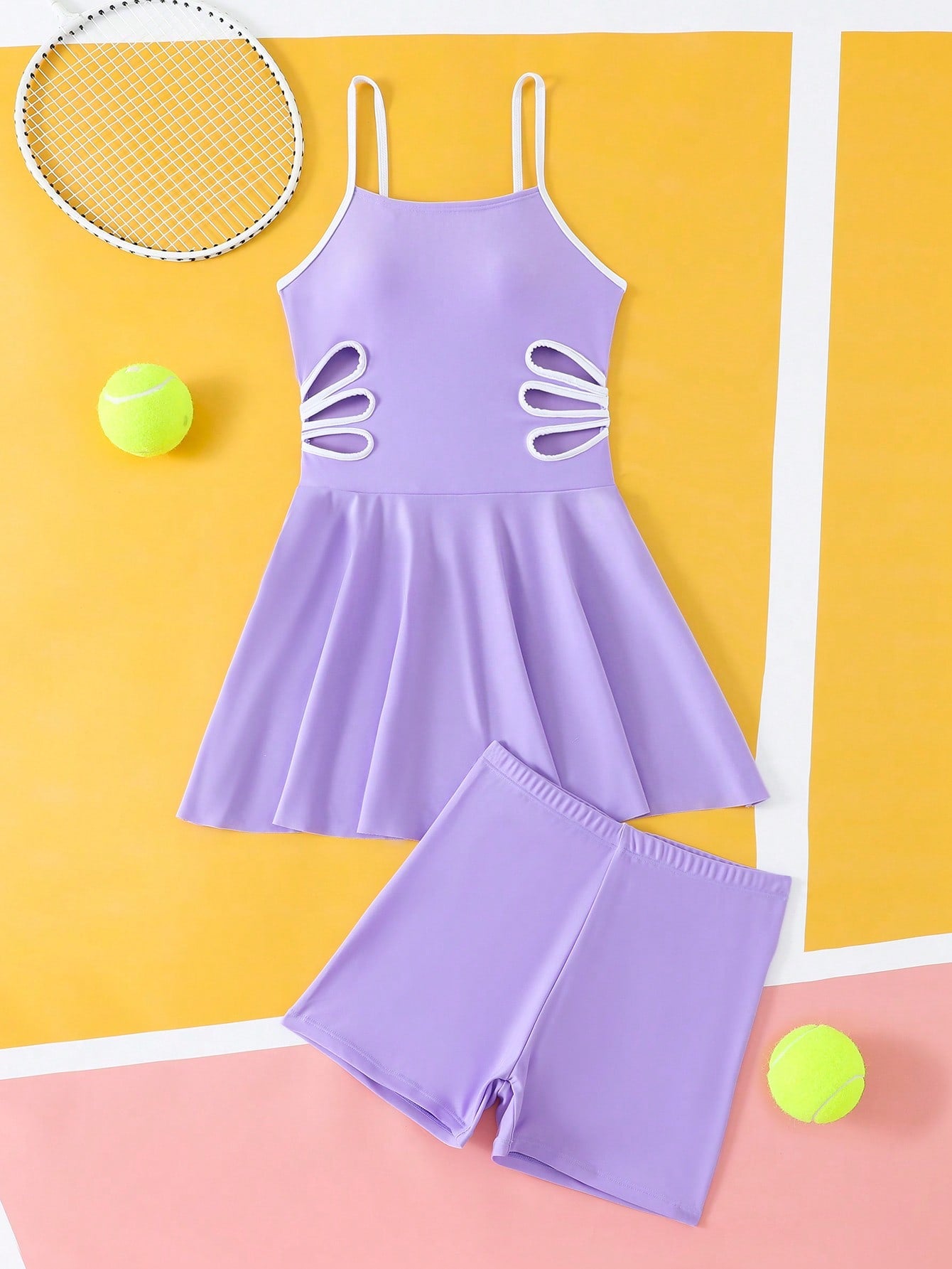 Tween girls black two-piece tankini swimwear set featuring a spaghetti strap sleeveless top with cutout detail and contrast piping, paired with short swim shorts.