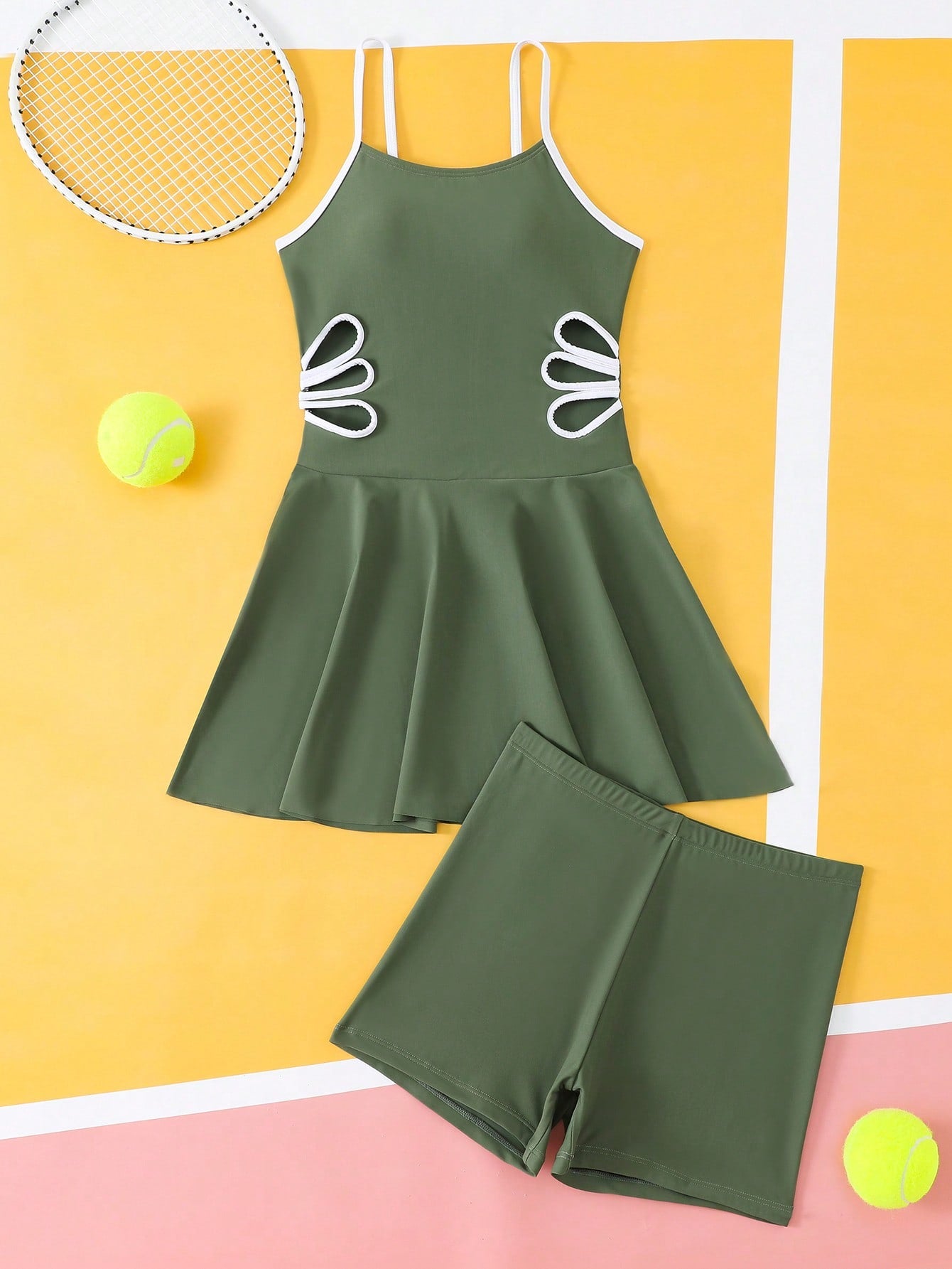 Tween girls black two-piece tankini swimwear set featuring a spaghetti strap sleeveless top with cutout detail and contrast piping, paired with short swim shorts.
