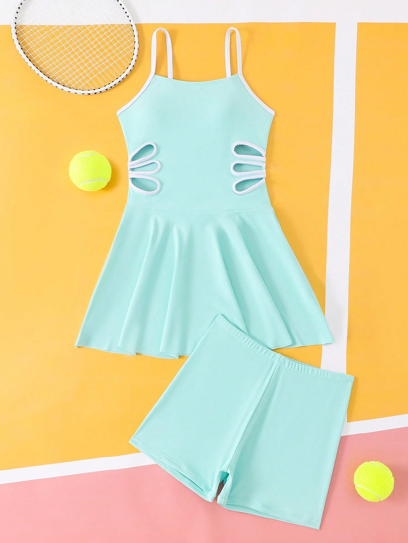 Tween girls black two-piece tankini swimwear set featuring a spaghetti strap sleeveless top with cutout detail and contrast piping, paired with short swim shorts.