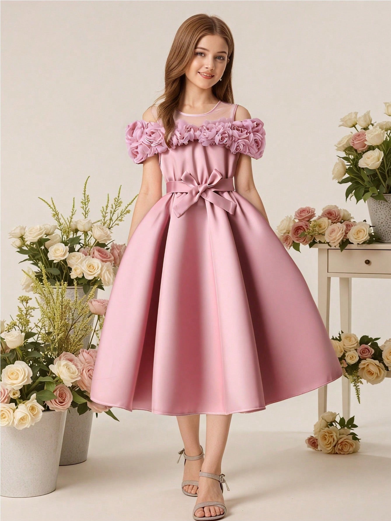 Tween girls dusty blue casual A-line dress with round neck, ruffle accents, high waist, and flared hem.