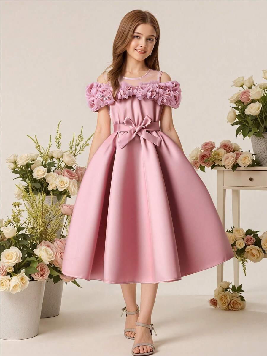 Tween girls dusty blue casual A-line dress with round neck, ruffle accents, high waist, and flared hem.