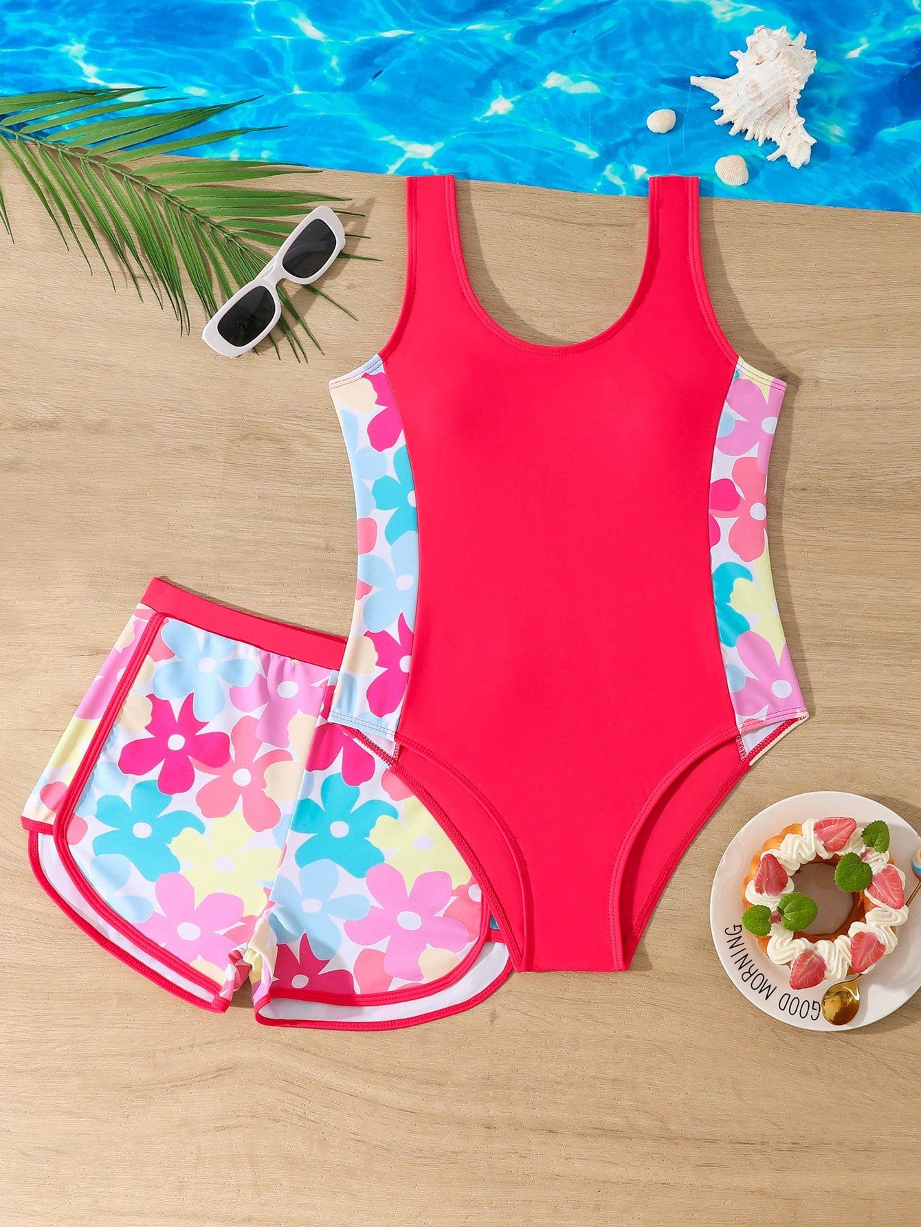 Tween girls 2-piece swimsuit set in black with full floral and plant print, featuring a sleeveless scoop-neck swim top and matching shorts-style bottoms.