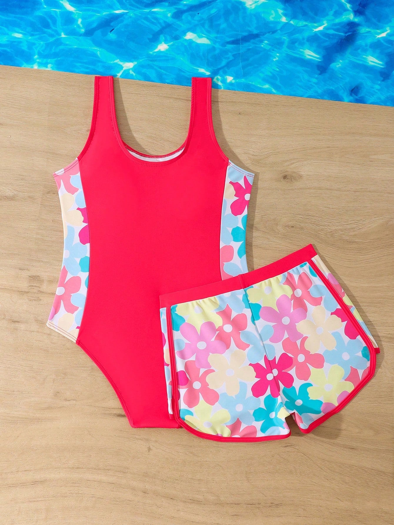Tween girls 2-piece swimsuit set in black with full floral and plant print, featuring a sleeveless scoop-neck swim top and matching shorts-style bottoms.