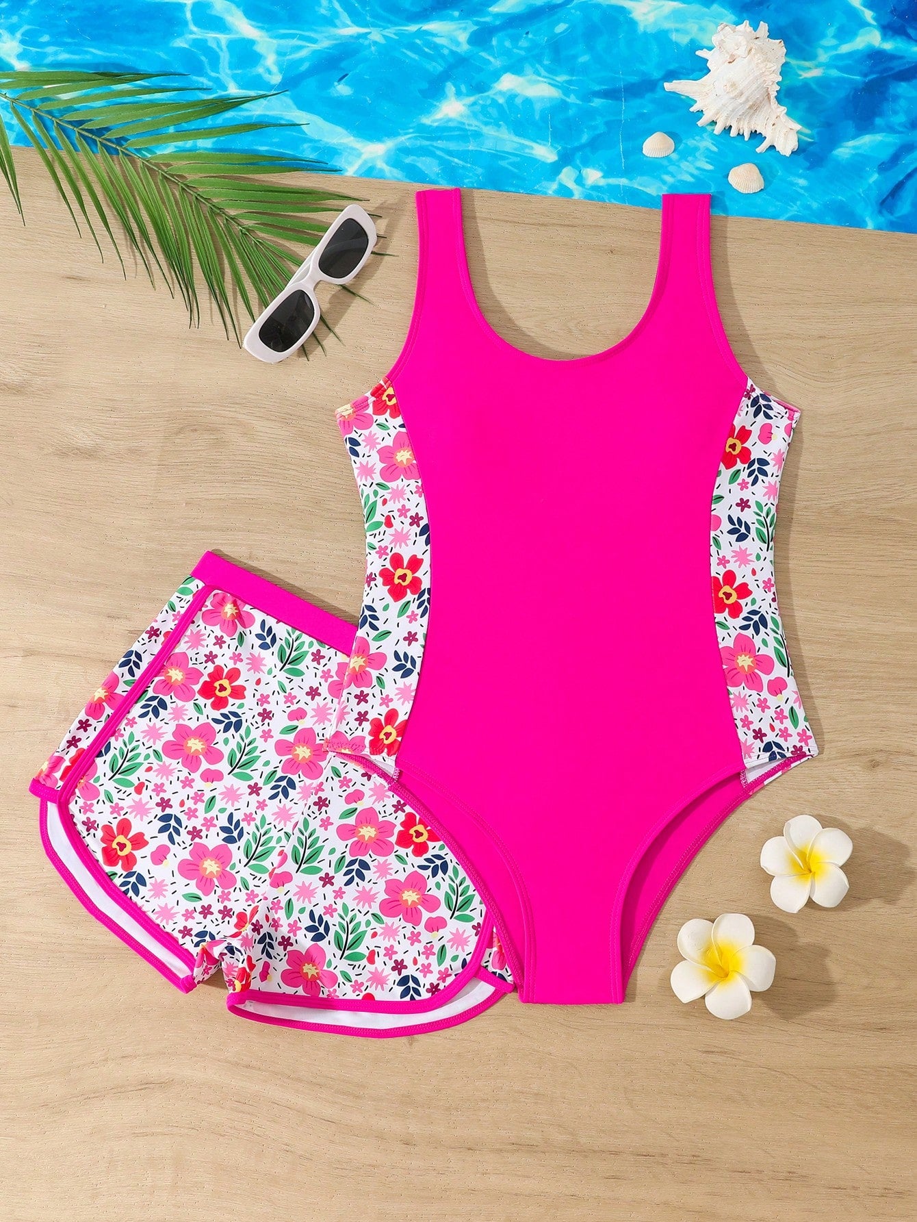 Tween girls 2-piece swimsuit set in black with full floral and plant print, featuring a sleeveless scoop-neck swim top and matching shorts-style bottoms.