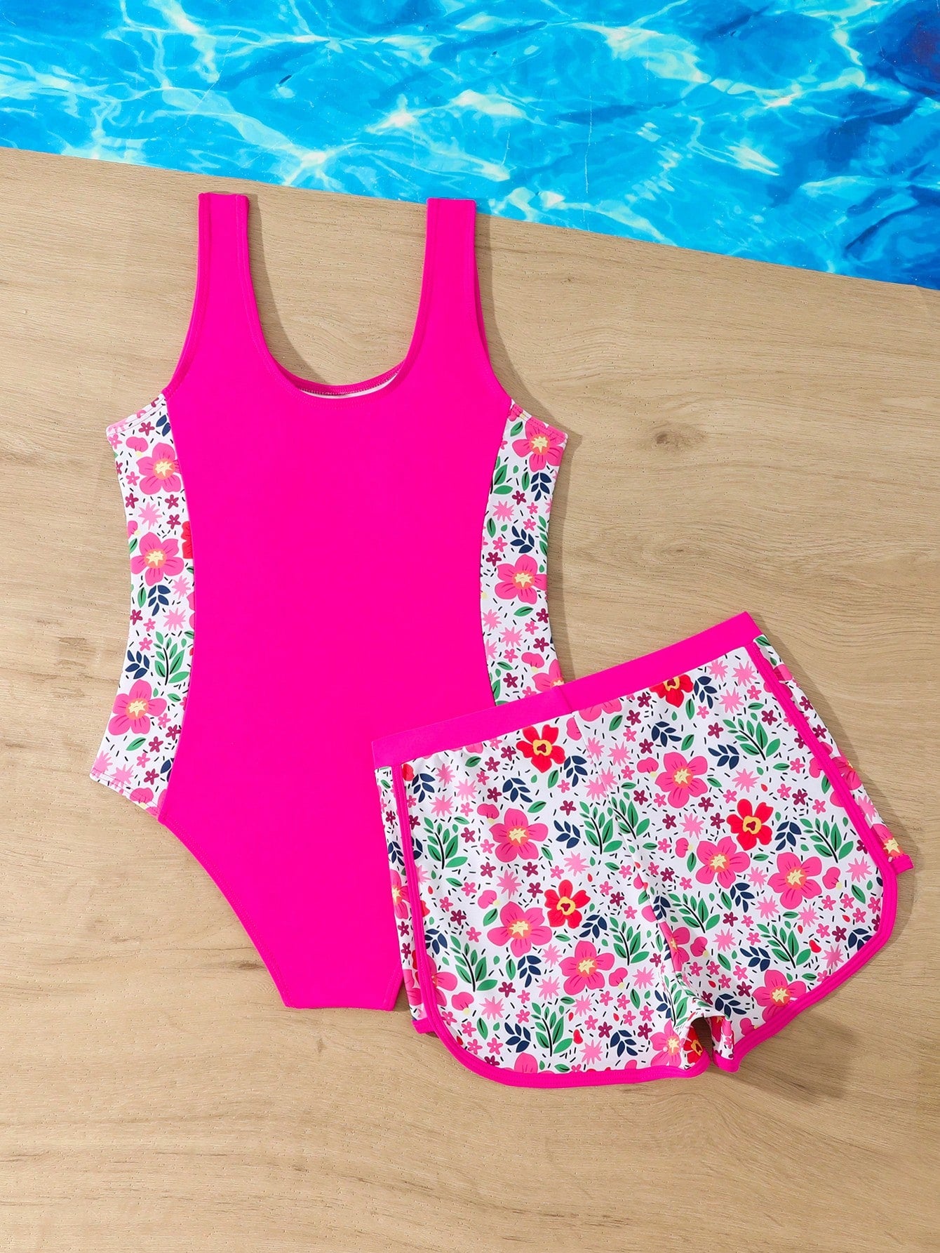 Tween girls 2-piece swimsuit set in black with full floral and plant print, featuring a sleeveless scoop-neck swim top and matching shorts-style bottoms.