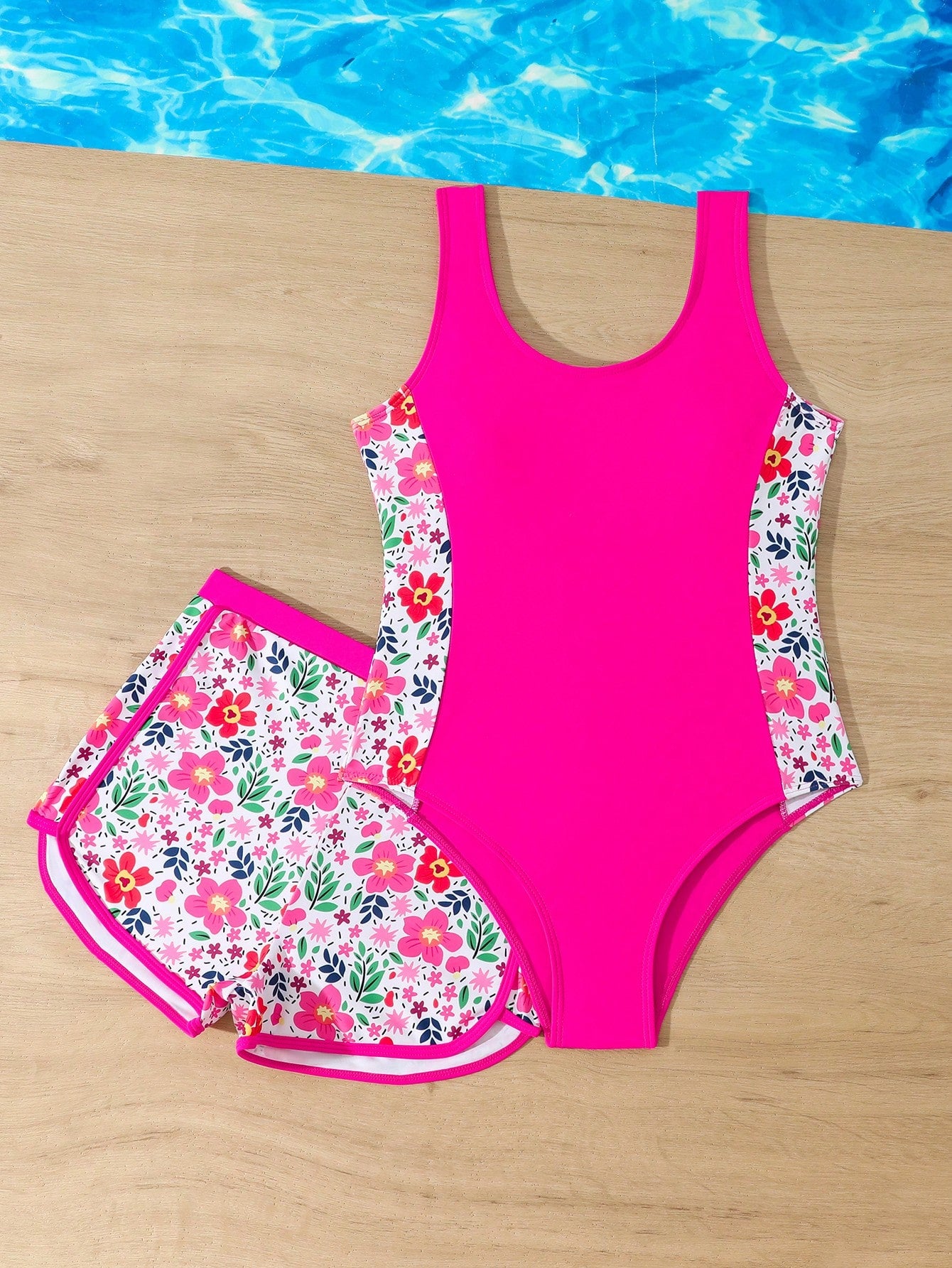 Tween girls 2-piece swimsuit set in black with full floral and plant print, featuring a sleeveless scoop-neck swim top and matching shorts-style bottoms.