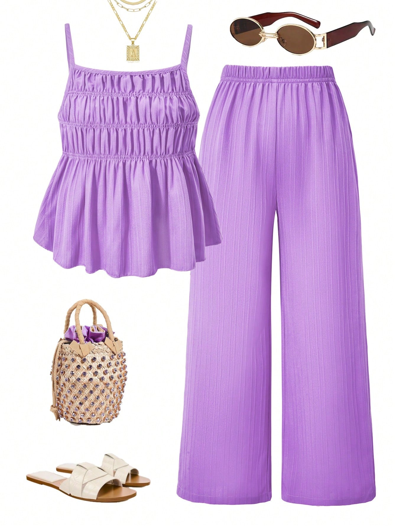 Tween girl wearing an apricot 2-piece outfit set featuring a shirred spaghetti strap short cami top and matching wide-leg long pants.