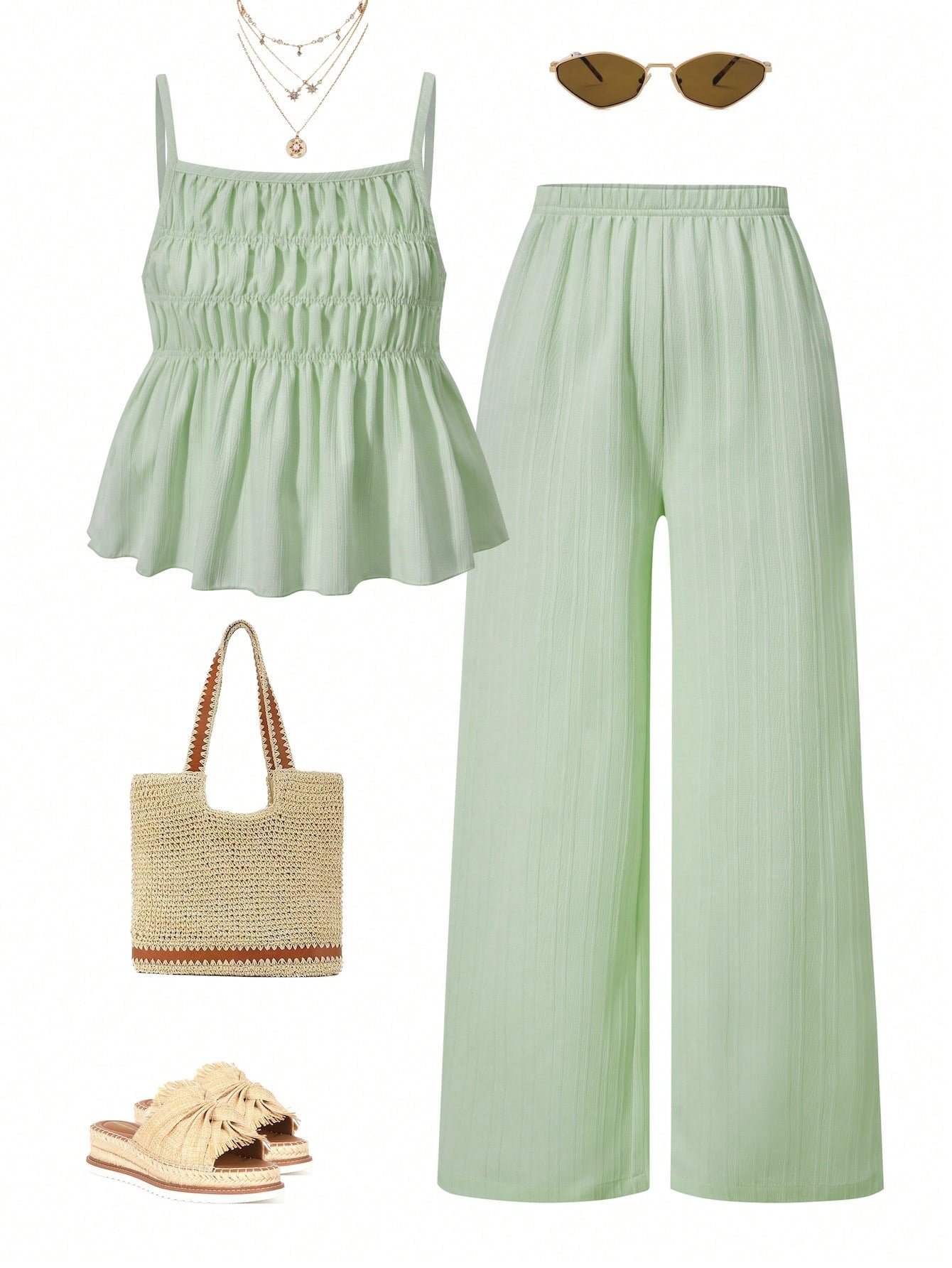 Tween girl wearing an apricot 2-piece outfit set featuring a shirred spaghetti strap short cami top and matching wide-leg long pants.