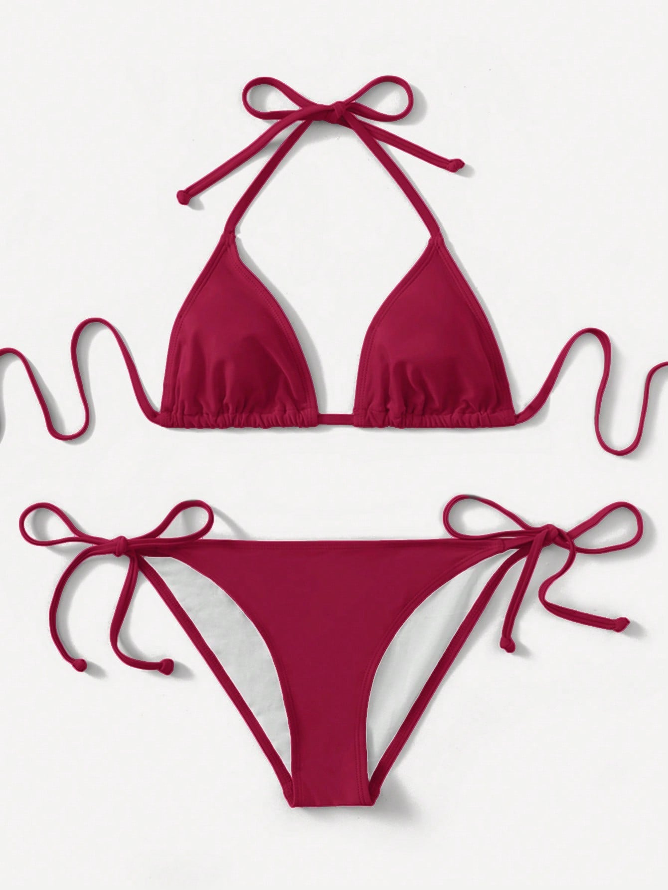 Women's high waist halter tie bikini swimwear set featuring triangle cups, wireless bra with removable padding, and tie side bottoms.