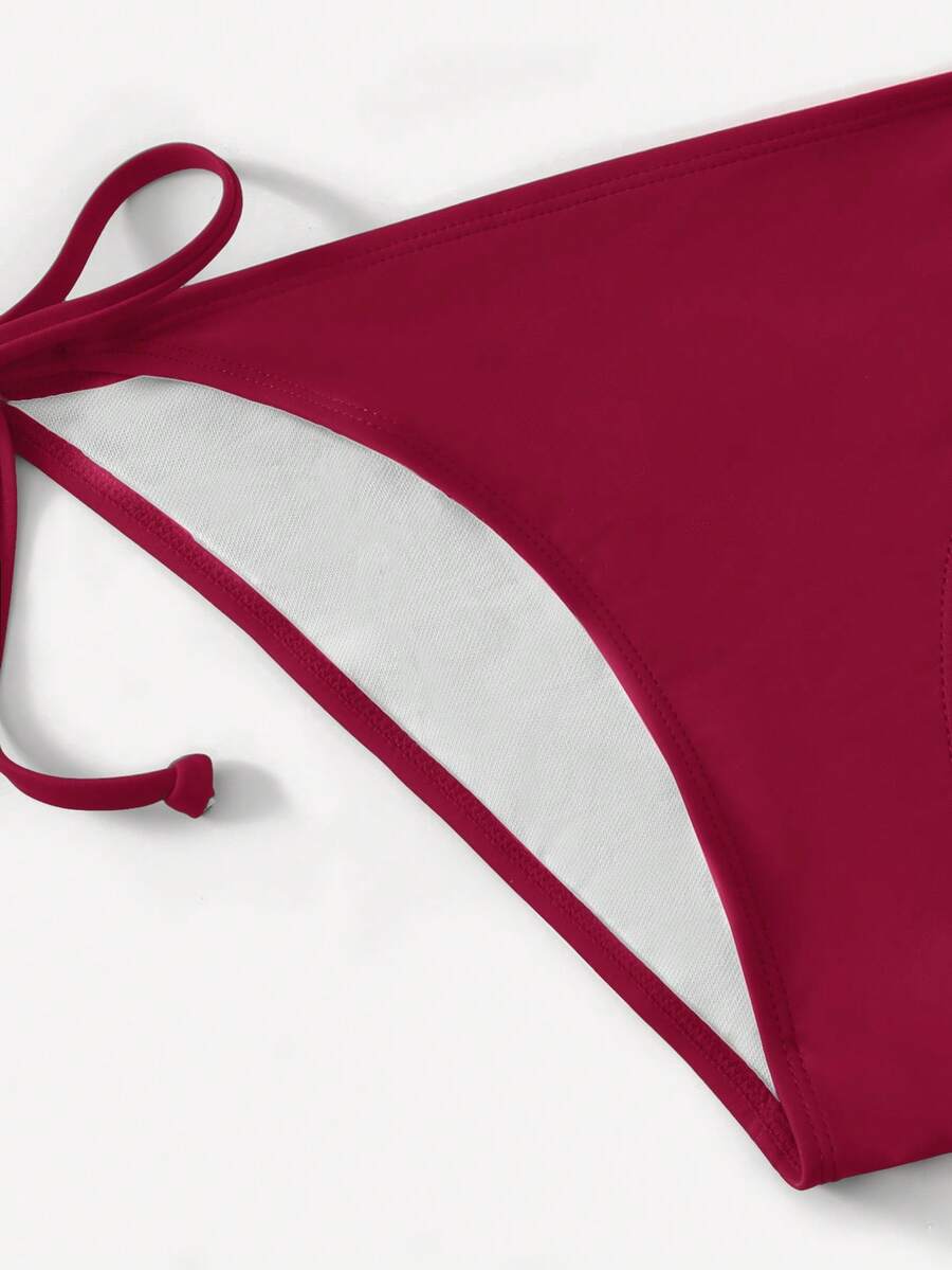 Women's high waist halter tie bikini swimwear set featuring triangle cups, wireless bra with removable padding, and tie side bottoms.