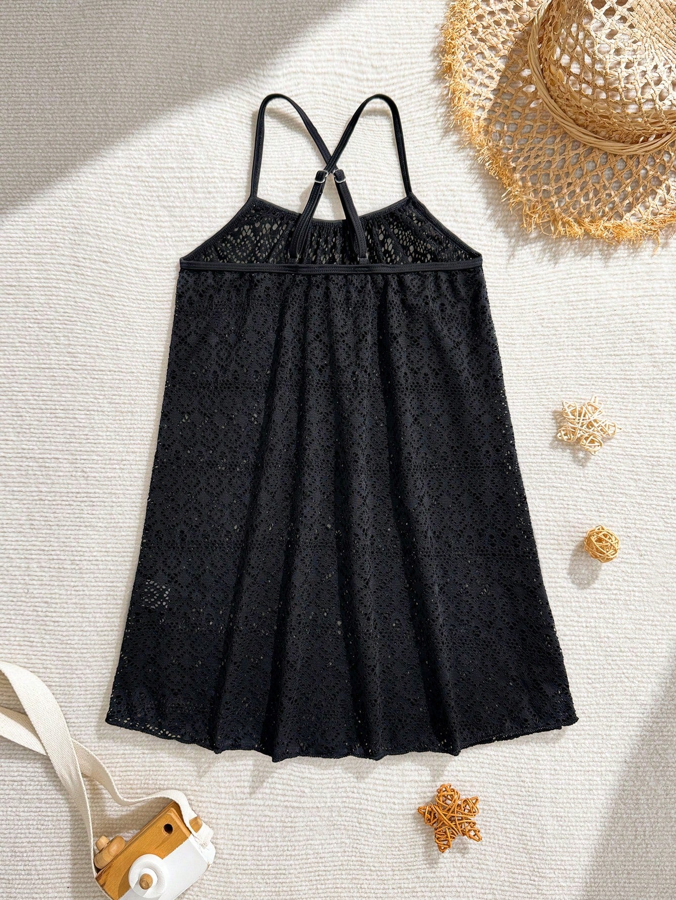 Multicolor sheer hollow-out beach coverup dress with spaghetti straps for tween girls