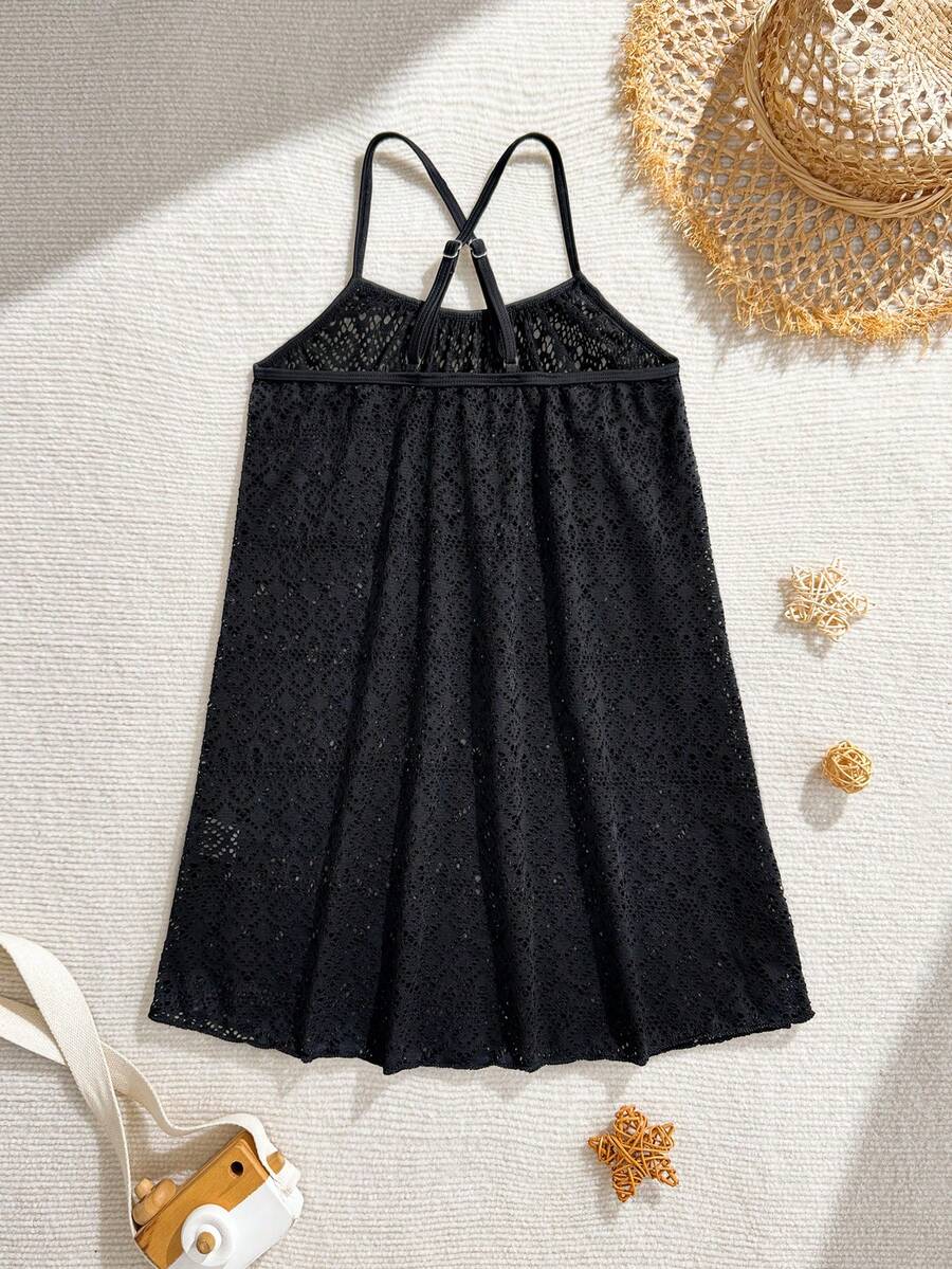 Multicolor sheer hollow-out beach coverup dress with spaghetti straps for tween girls