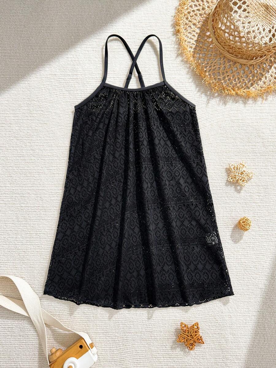 Multicolor sheer hollow-out beach coverup dress with spaghetti straps for tween girls