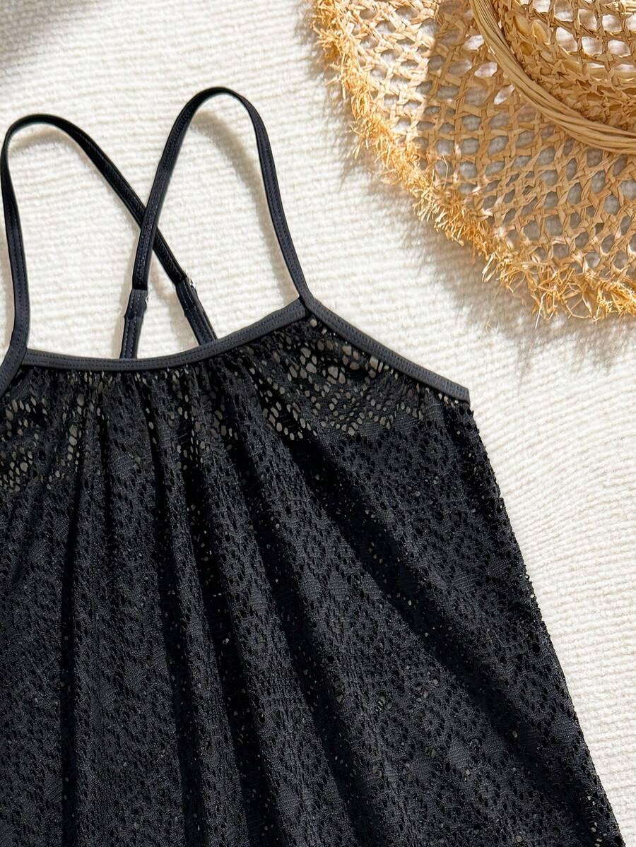 Multicolor sheer hollow-out beach coverup dress with spaghetti straps for tween girls